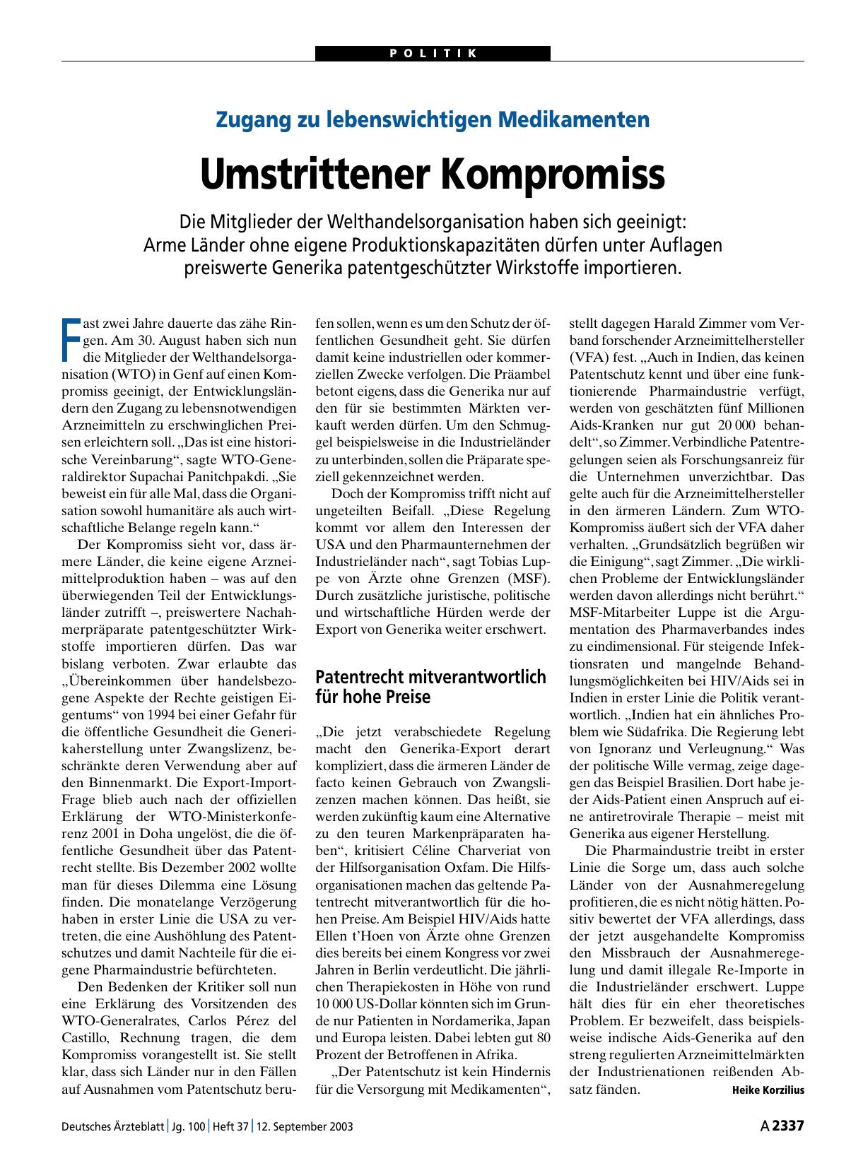 Vorschauseite 1: Zugang zu lebenswichtigen Medikamenten: Umstrittener Kompromiss