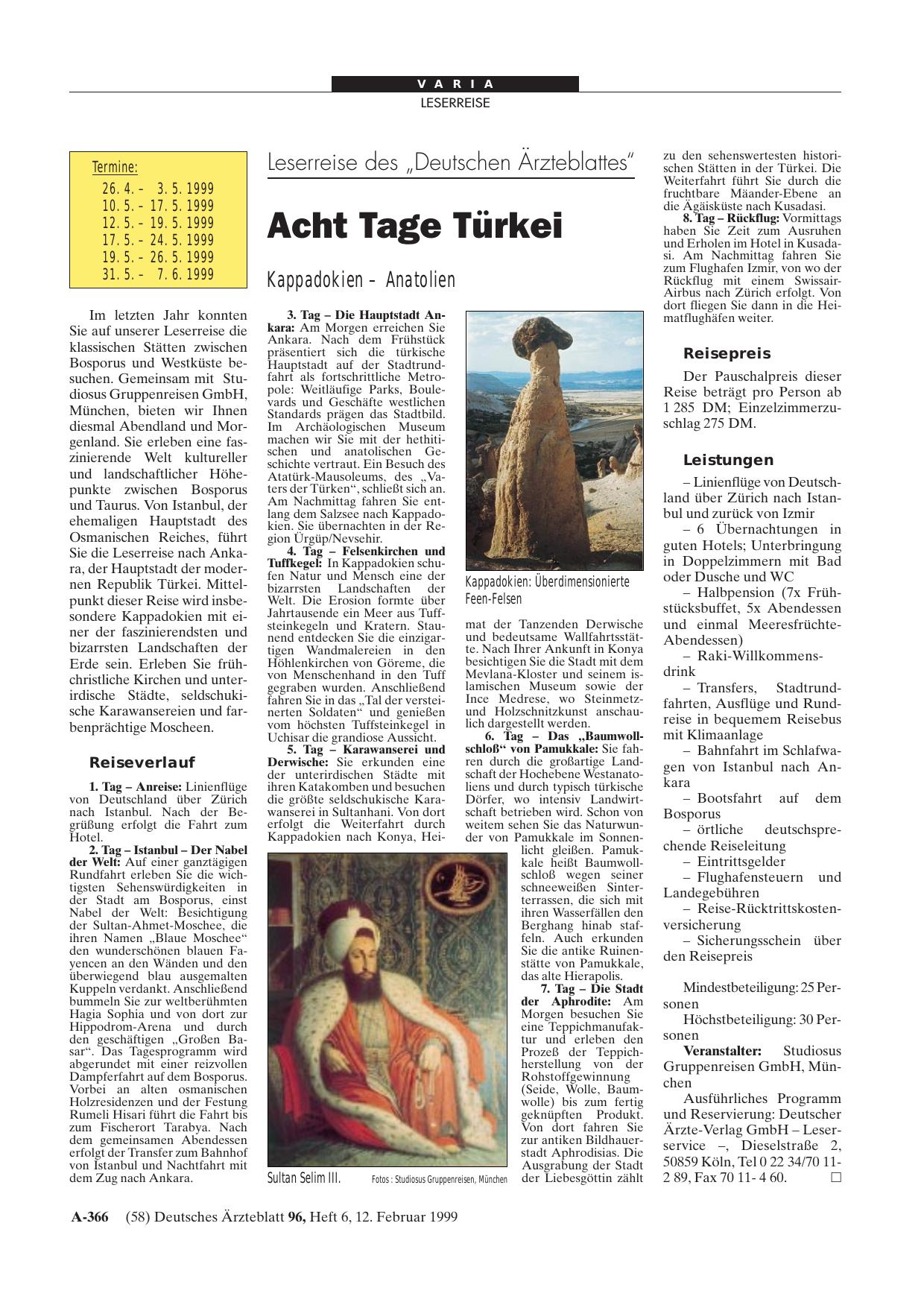 Vorschauseite 1: Leserreise des „Deutschen Ärzteblattes“: Acht Tage Türkei, Kappadokien - Anatolien