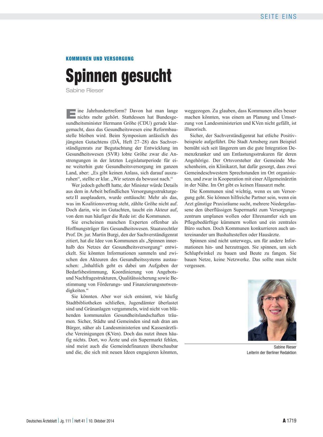 Vorschauseite 1: Kommunen und Versorgung: Spinnen gesucht