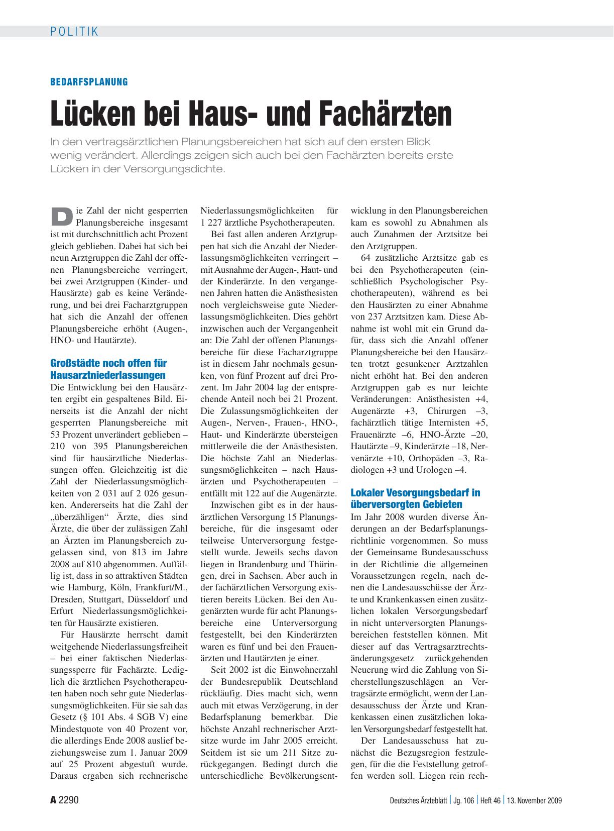 Vorschauseite 1: Bedarfsplanung: Lücken bei Hausund Fachärzten
