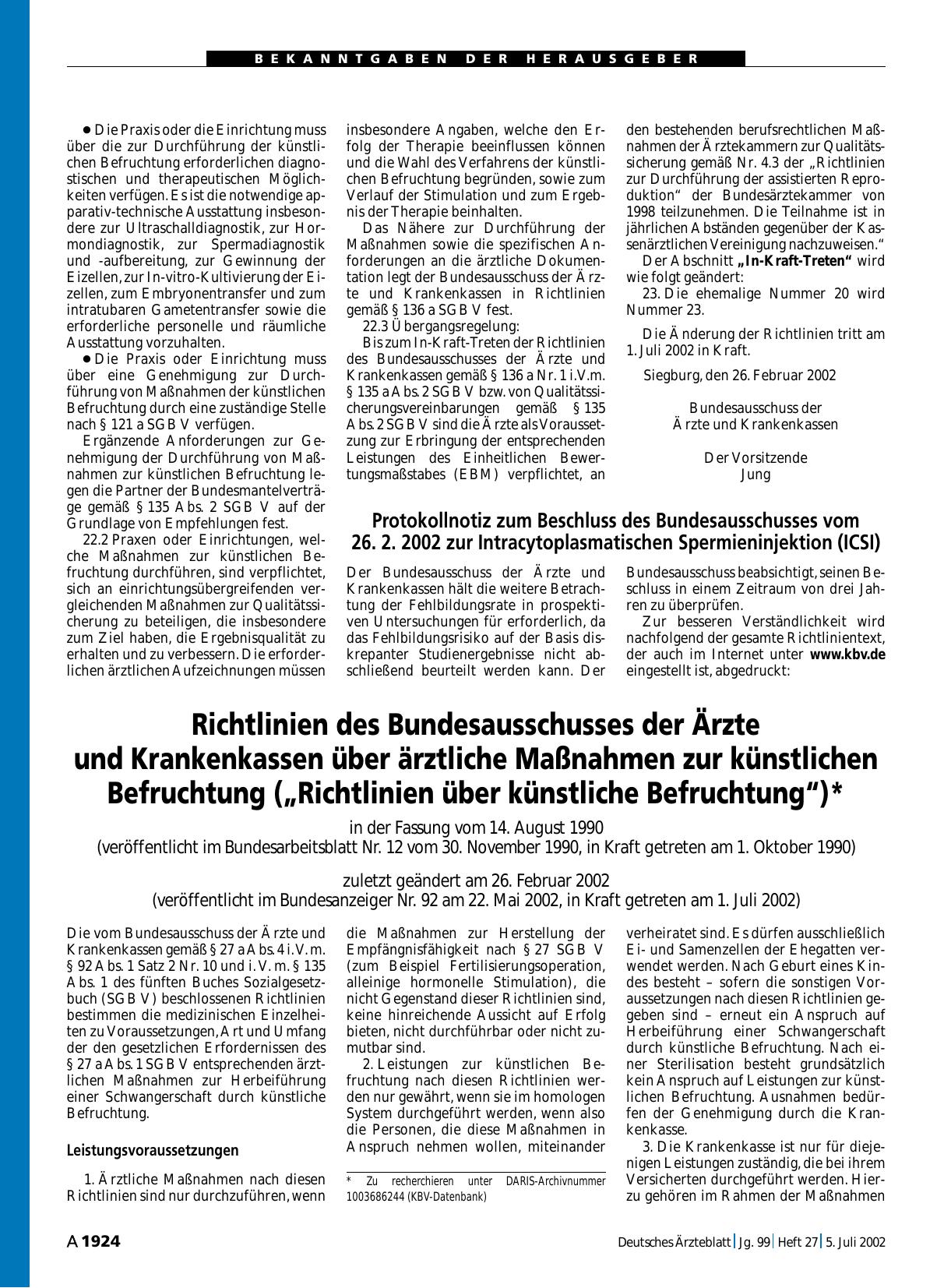 Vorschauseite 1: Protokollnotiz zum Beschluss des Bundesausschusses vom 26. 2. 2002 zur Intracytoplasmatischen Spermieninjektion (ICSI)