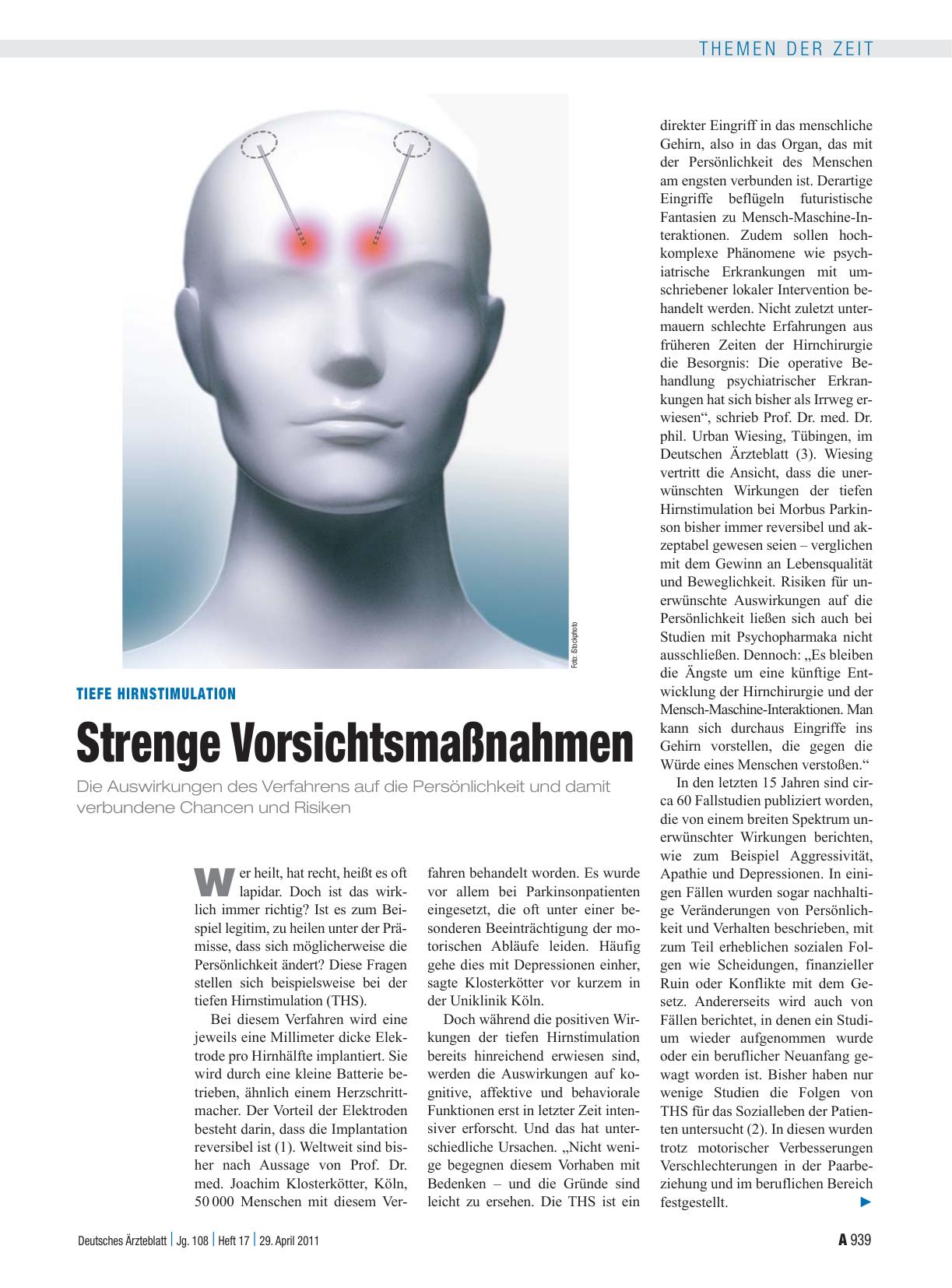 Vorschauseite 1: Tiefe Hirnstimulation: Strenge Vorsichtsmaßnahmen
