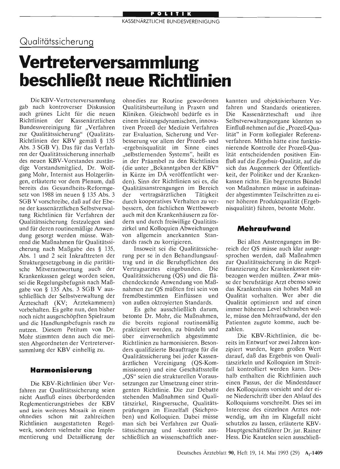 Vorschauseite 1: Qualitätssicherung: Vertreterversammlung beschließt neue Richtlinien