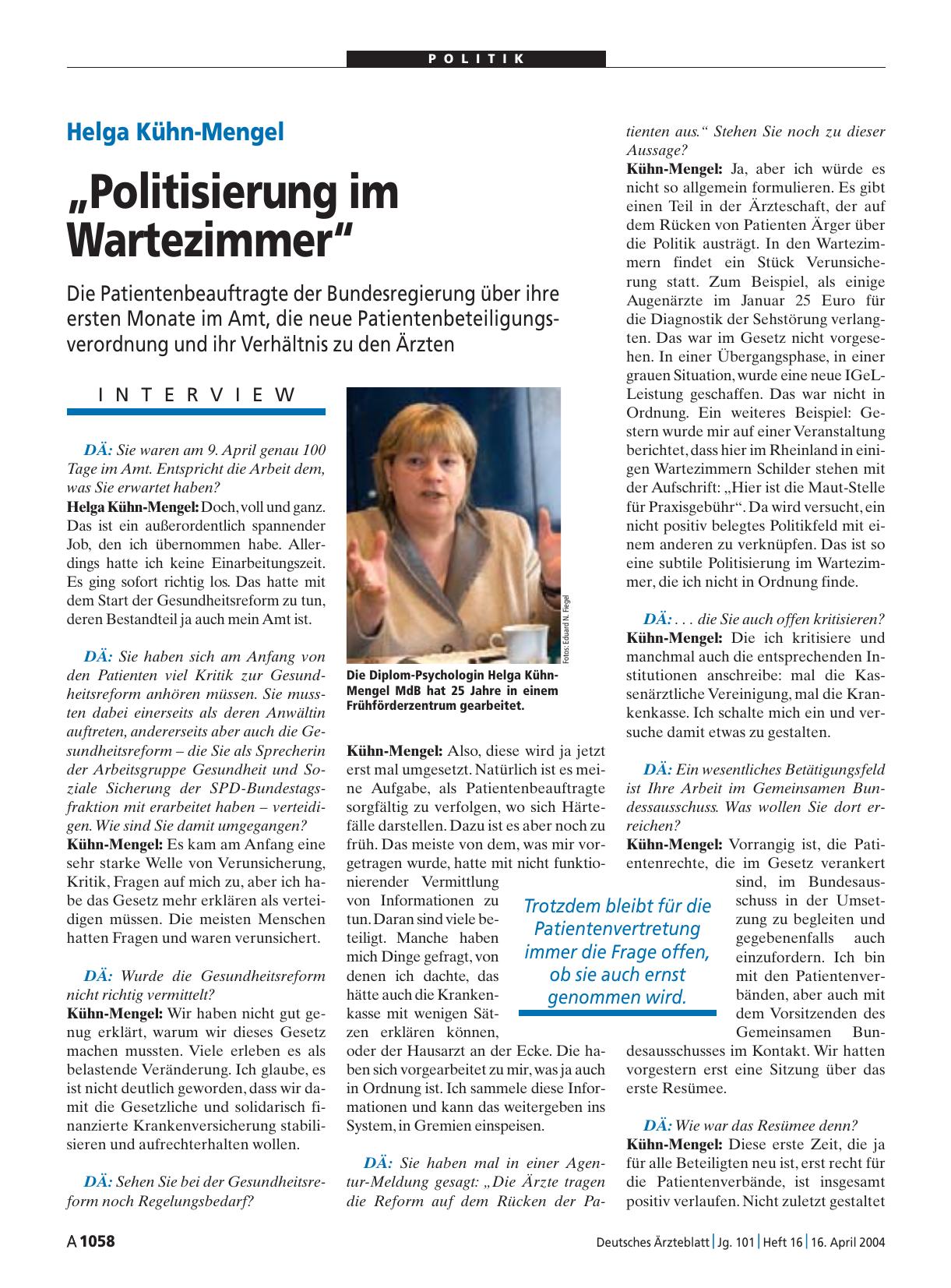 Vorschauseite 1: Helga Kühn-Mengel: „Politisierung im Wartezimmer“