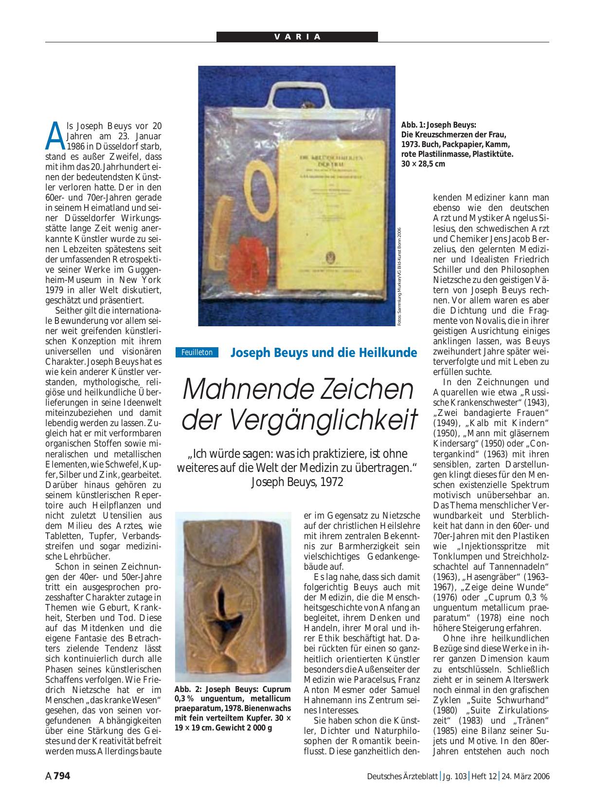 Vorschauseite 1: Joseph Beuys und die Heilkunde: Mahnende Zeichen der Vergänglichkeit