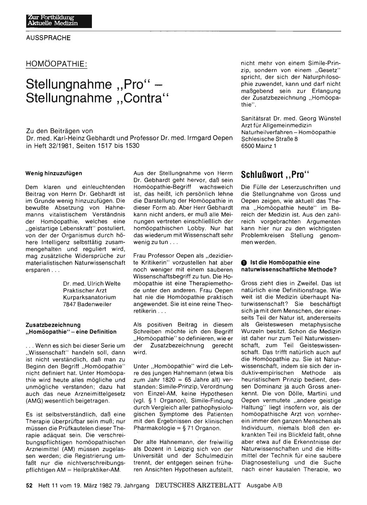 Vorschauseite 1: Homöopathie: Stellungnahme „Pro“ — Stellungnahme „Contra“: Schlußwort „Pro“