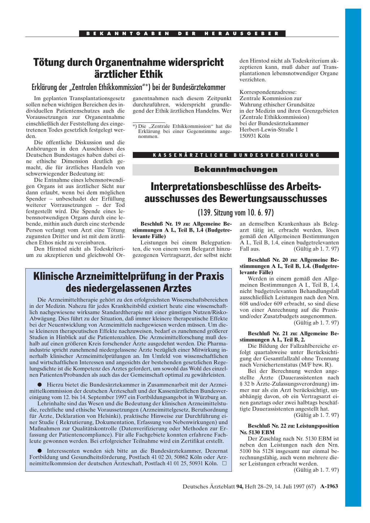 Vorschauseite 1: Tötung durch Organentnahme widerspricht ärztlicher Ethik: Erklärung der „Zentralen Ethikkommission“*) bei der Bundesärztekammer