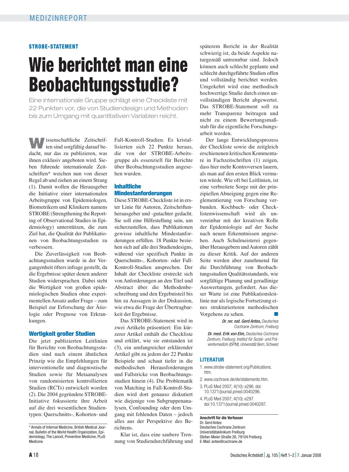 Vorschauseite 1: Strobe-Statement: Wie berichtet man eine Beobachtungsstudie?