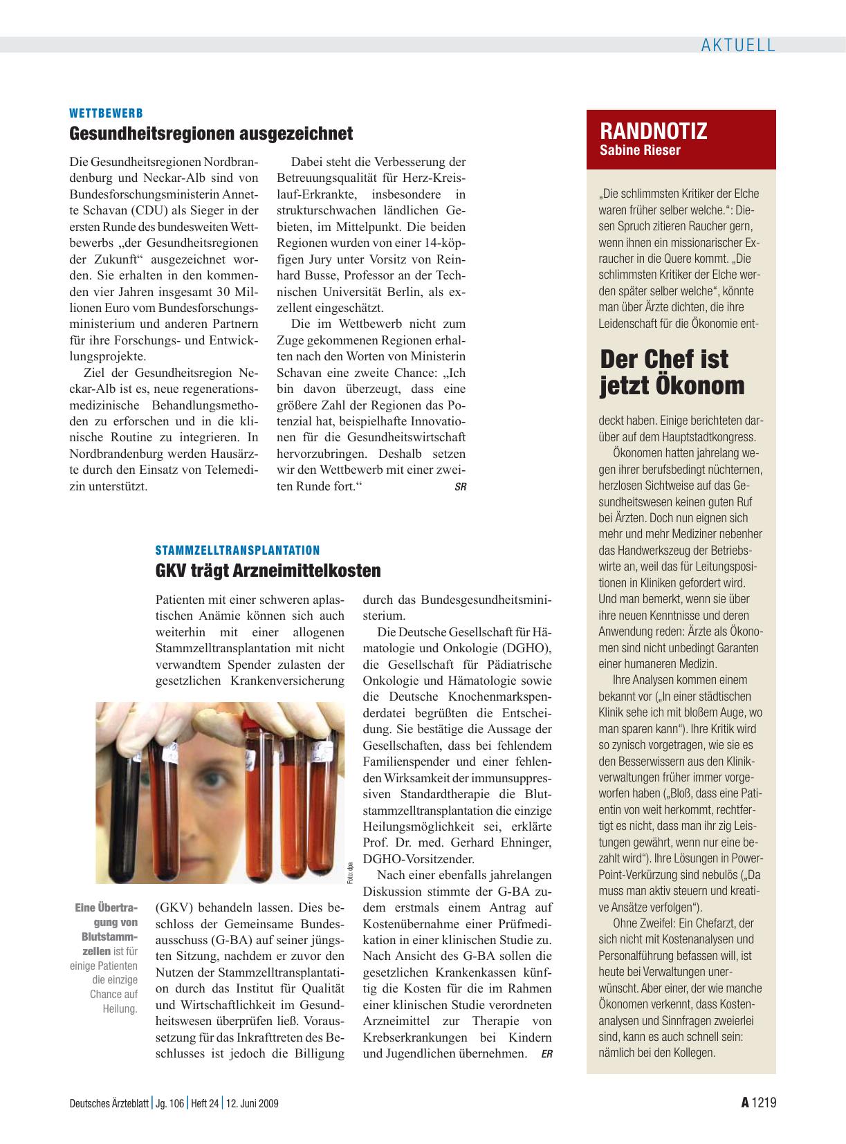 Vorschauseite 1: Stammzelltransplantation: GKV trägt Arzneimittelkosten