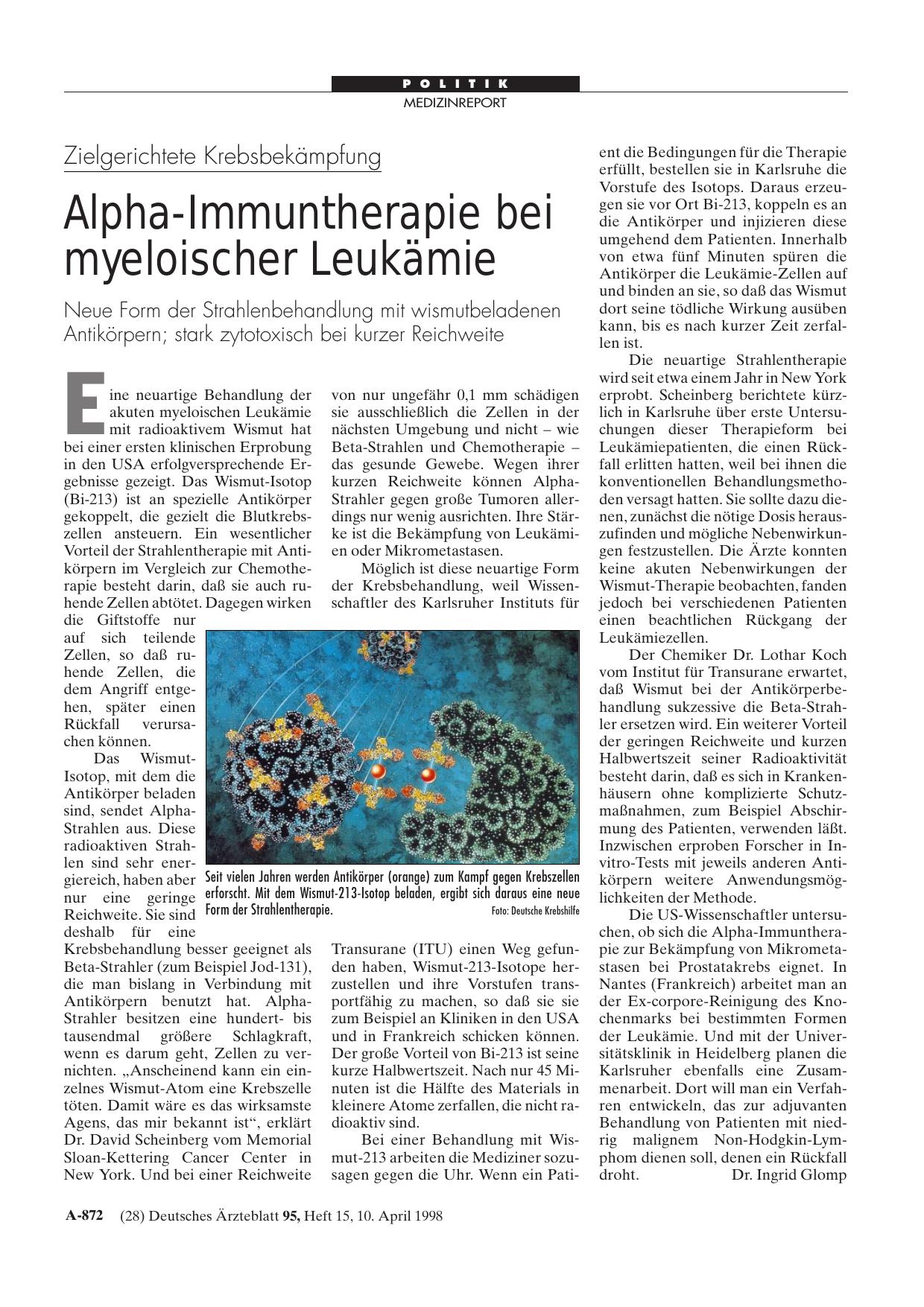 Vorschauseite 1: Zielgerichtete Krebsbekämpfung: Alpha-Immuntherapie bei myeloischer Leukämie