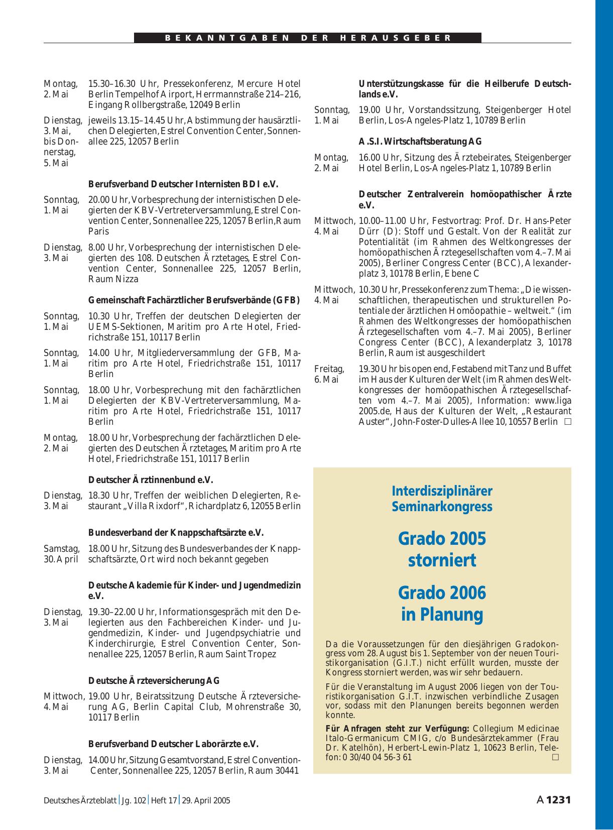 Vorschauseite 1: Interdisziplinärer Seminarkongress: Grado 2005 storniert