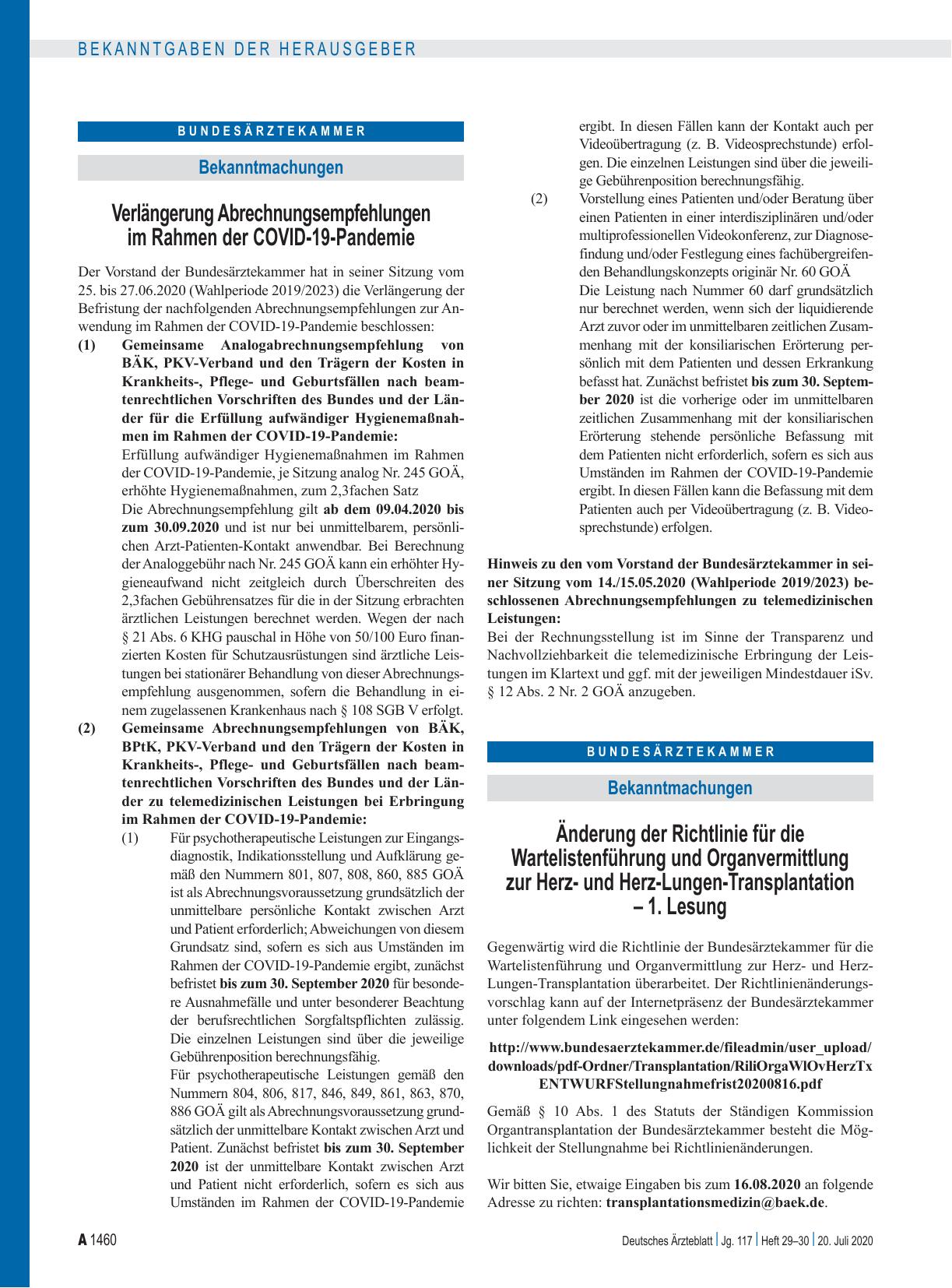 Vorschauseite 1: Änderung der Richtlinie für die Wartelistenführung und Organvermittlung zur Herzund Herz-Lungen-Transplantation – 1. Lesung