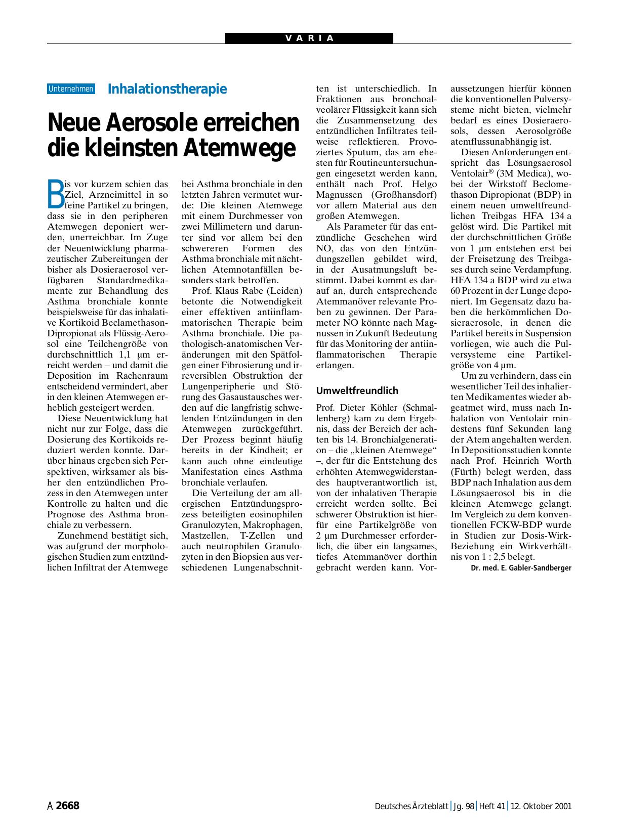 Vorschauseite 1: Inhalationstherapie: Neue Aerosole erreichen die kleinsten Atemwege
