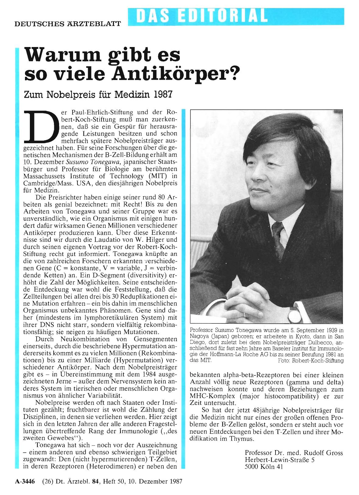 Vorschauseite 1: Warum gibt es so viele Antikörper? : Zum Nobelpreis für Medizin 1987