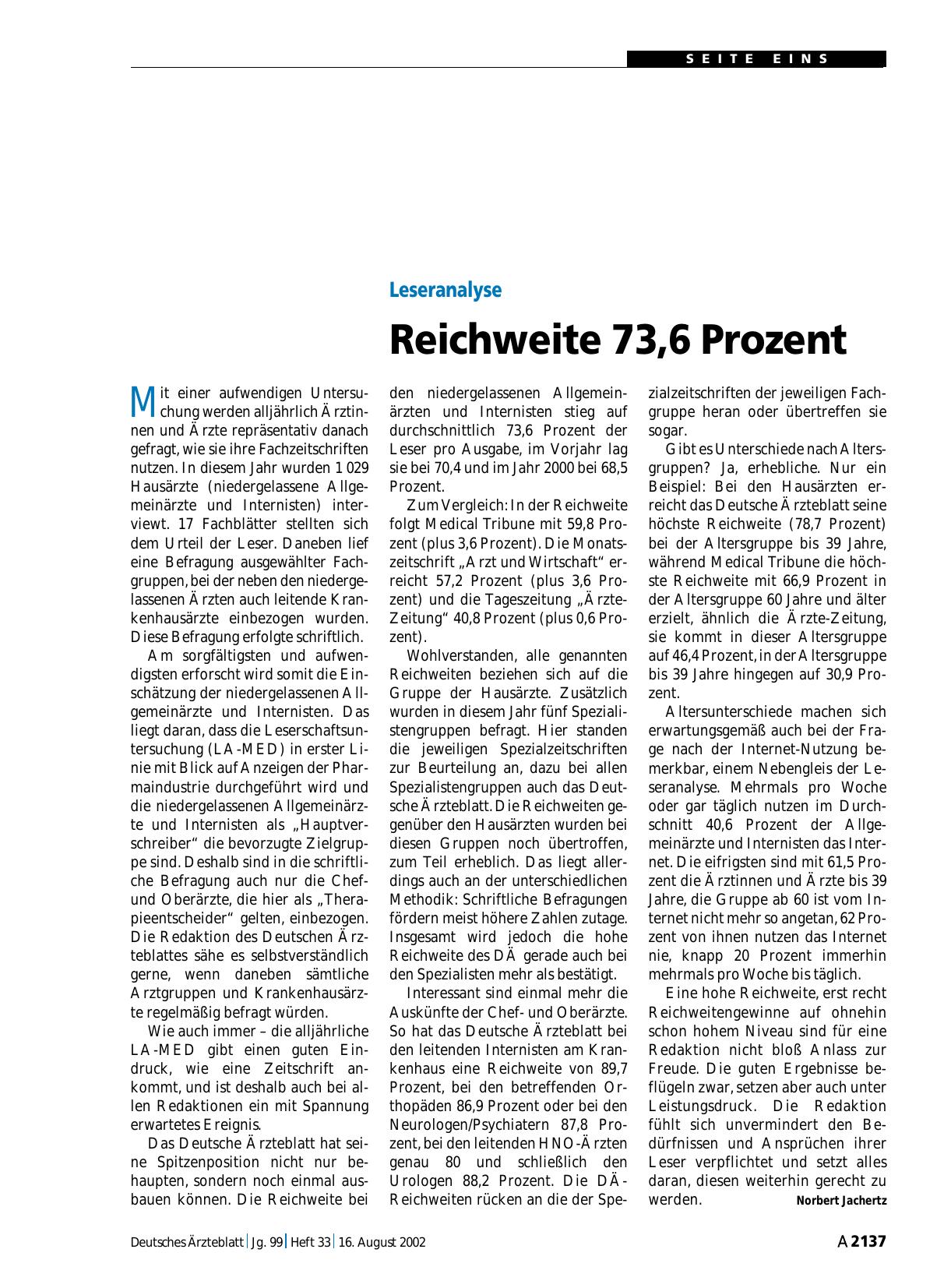 Vorschauseite 1: Leseranalyse: Reichweite 73, 6 Prozent