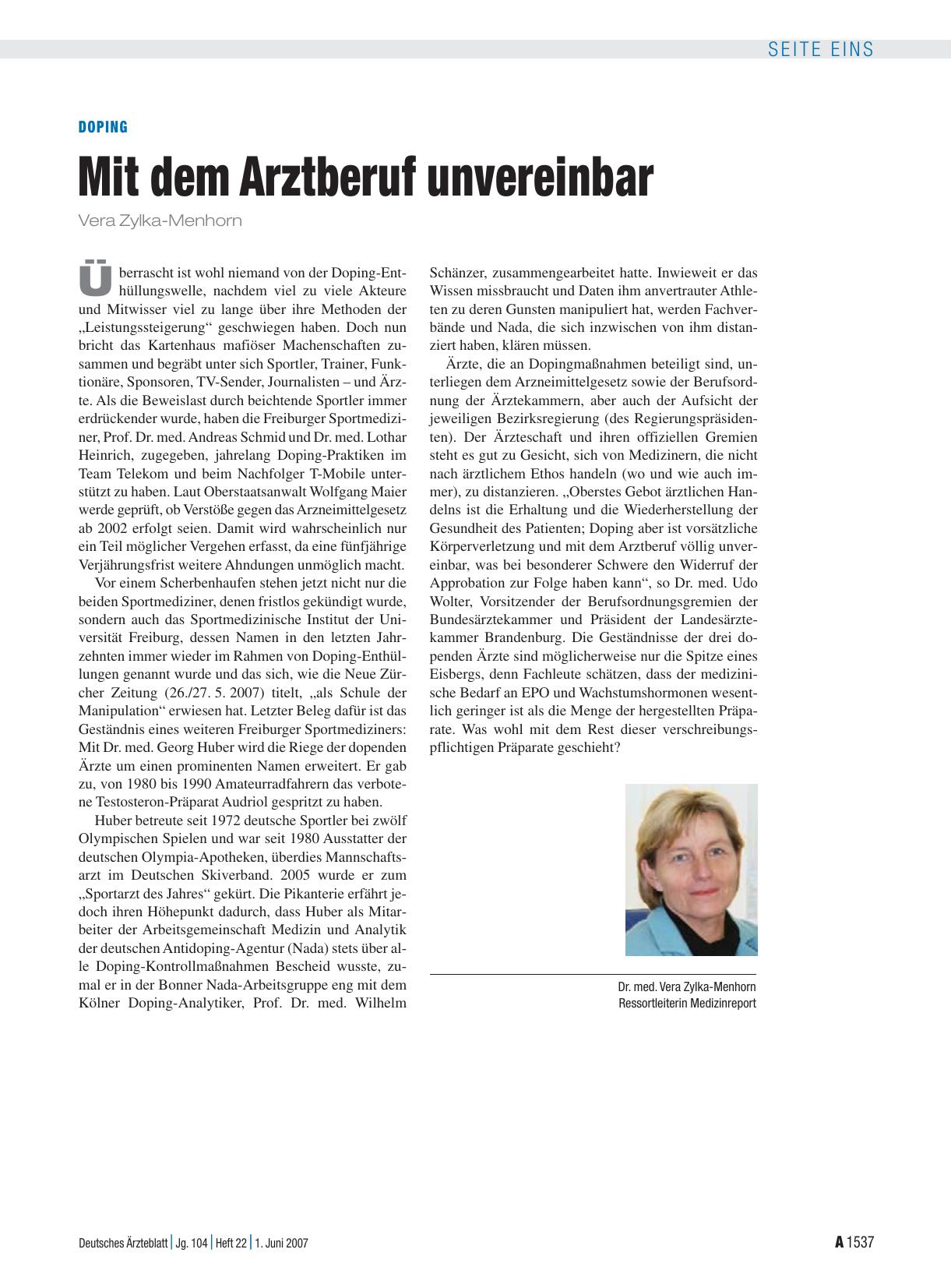 Vorschauseite 1: Doping: Mit dem Arztberuf unvereinbar