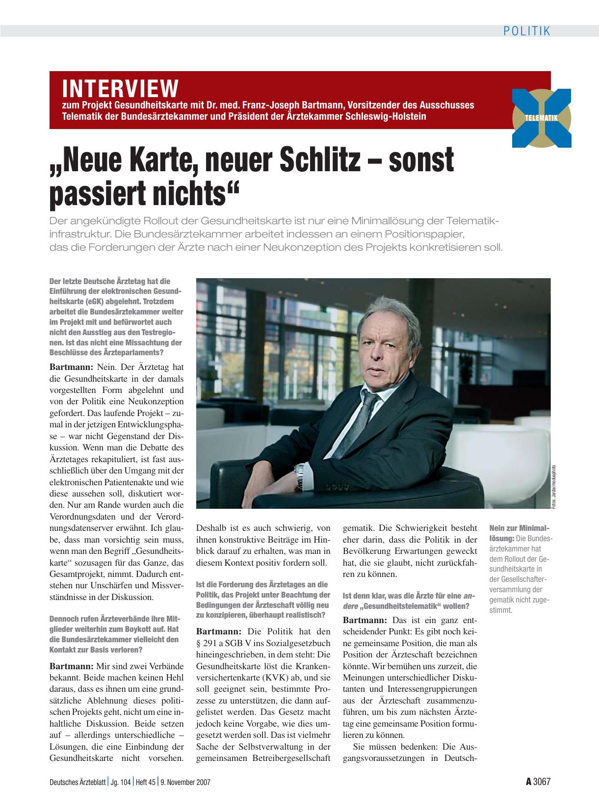 Vorschauseite 1: Interview zum Projekt Gesundheitskarte mit Dr. med. Franz-Joseph Bartmann, Vorsitzender des Ausschusses Telematik der Bundesärztekammer und Präsident der Ärztekammer Schleswig-Hol…