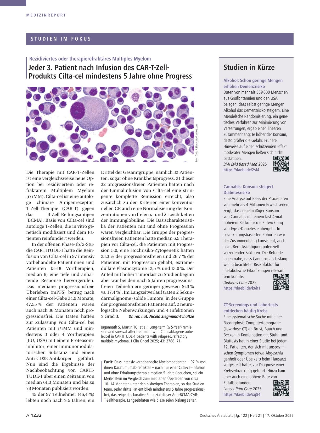Vorschauseite 1: Rezidiviertes oder therapierefraktäres Multiples Myelom: Jeder 3. Patient nach Infusion des CAR-T-Zell-Produkts Cilta-cel mindestens 5 Jahre ohne Progress