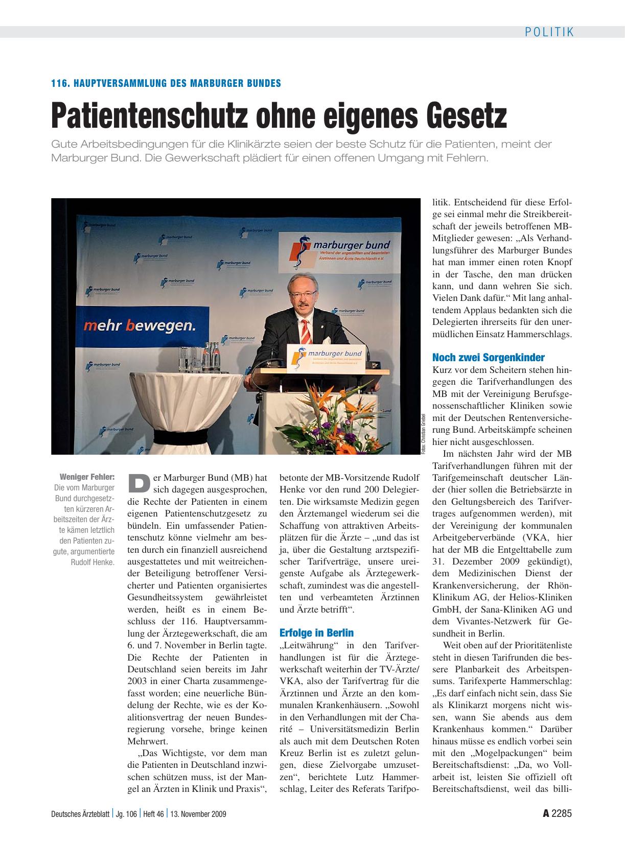 Vorschauseite 1: 116. Hauptversammlung des Marburger Bundes: Patientenschutz ohne eigenes Gesetz