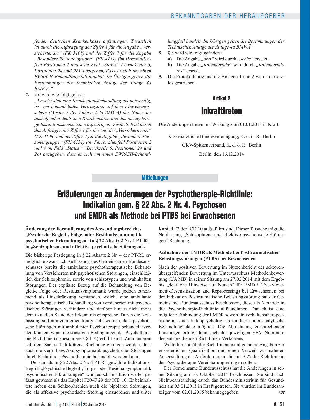 Vorschauseite 1: Erläuterungen zu Änderungen der Psychotherapie-Richtlinie: Indikation gem. § 22 Abs. 2 Nr. 4. Psychosen und EMDR als Methode bei PTBS bei Erwachsenen