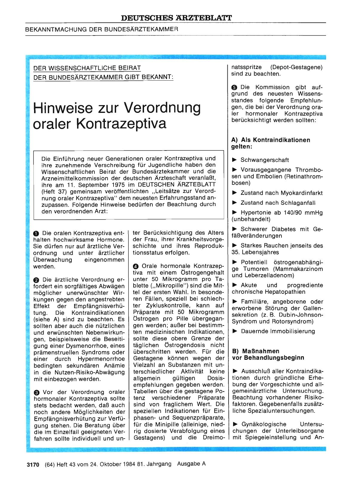 Vorschauseite 1: DER WISSENSCHAFTLICHE BEIRAT DER BUNDESÄRZTEKAMMER GIBT BEKANNT: Hinweise zur Verordnung oraler Kontrazeptiva
