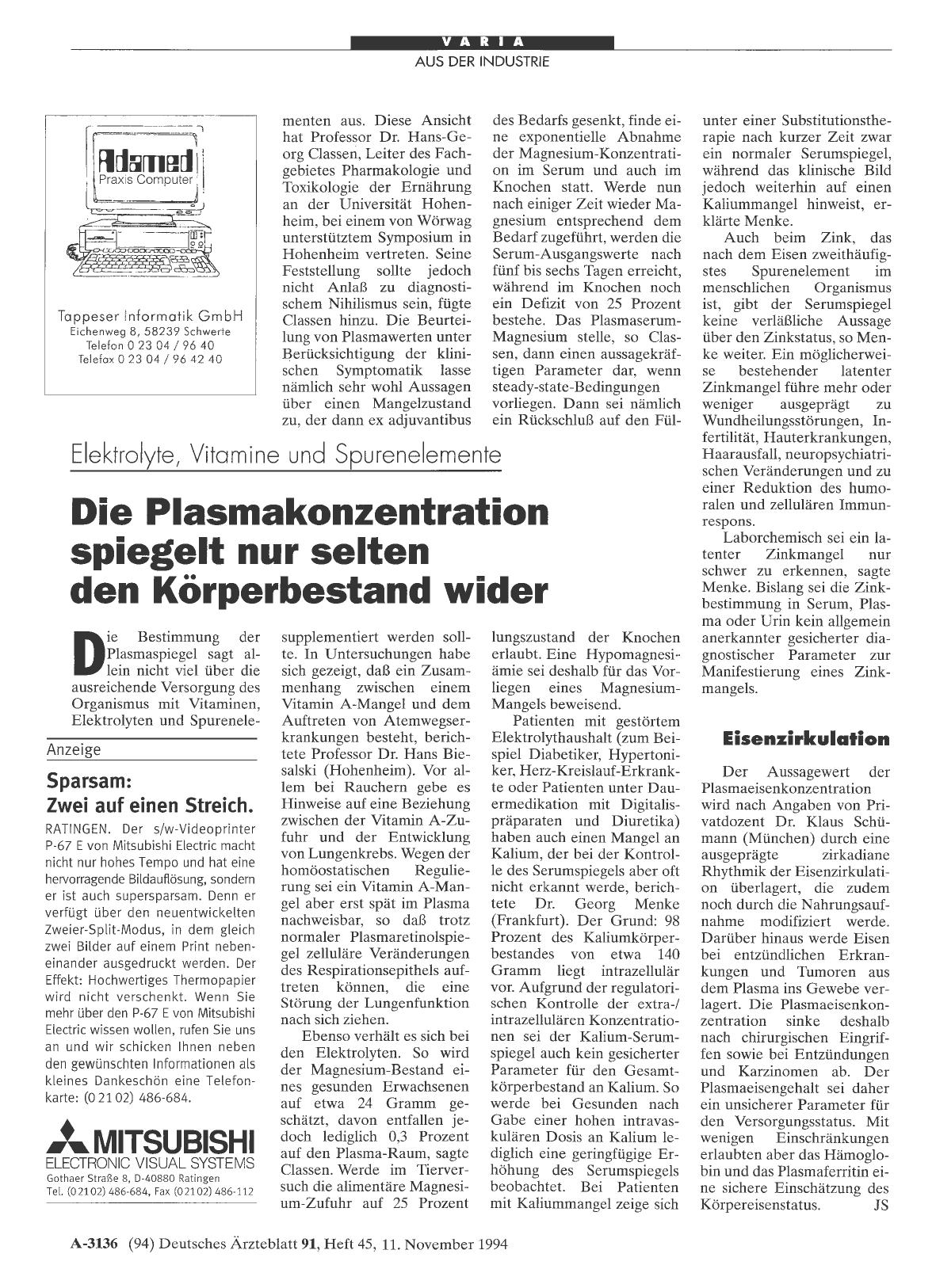 Vorschauseite 1: Elektrolyte, Vitamine und Spurenelemente: Die Plasmakonzentration spiegelt nur selten den Körperbestand wider