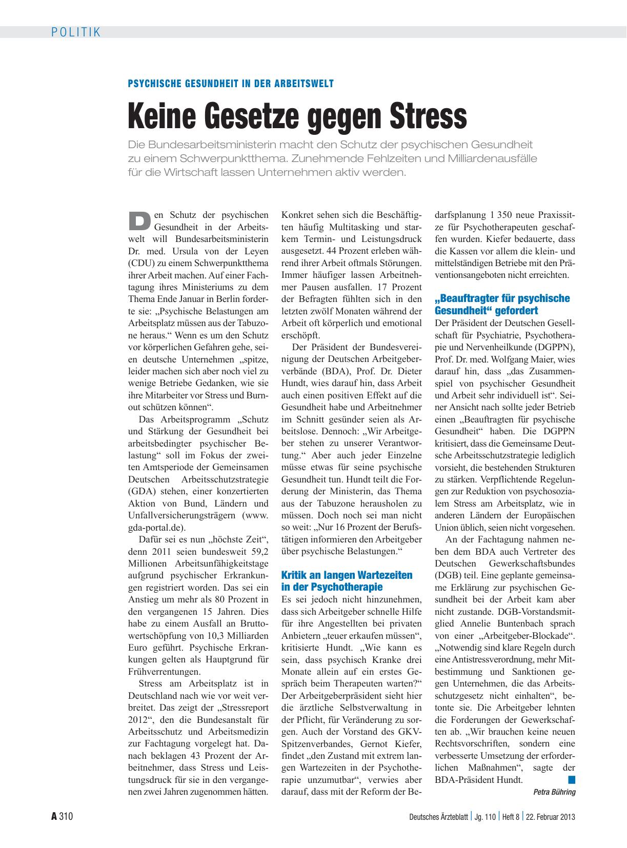 Vorschauseite 1: Psychische Gesundheit in der Arbeitswelt: Keine Gesetze gegen Stress