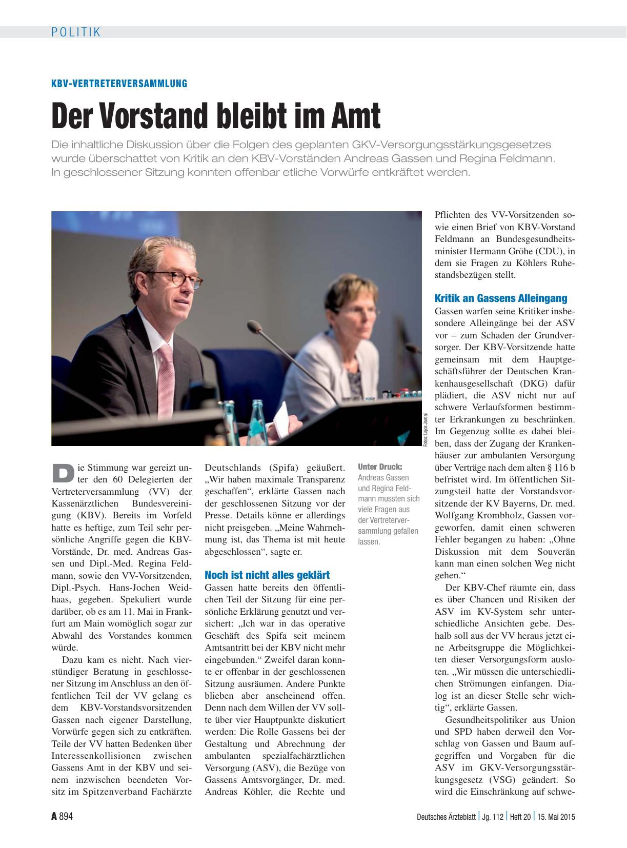 Vorschauseite 1: KBV-Vertreterversammlung: Der Vorstand bleibt im Amt