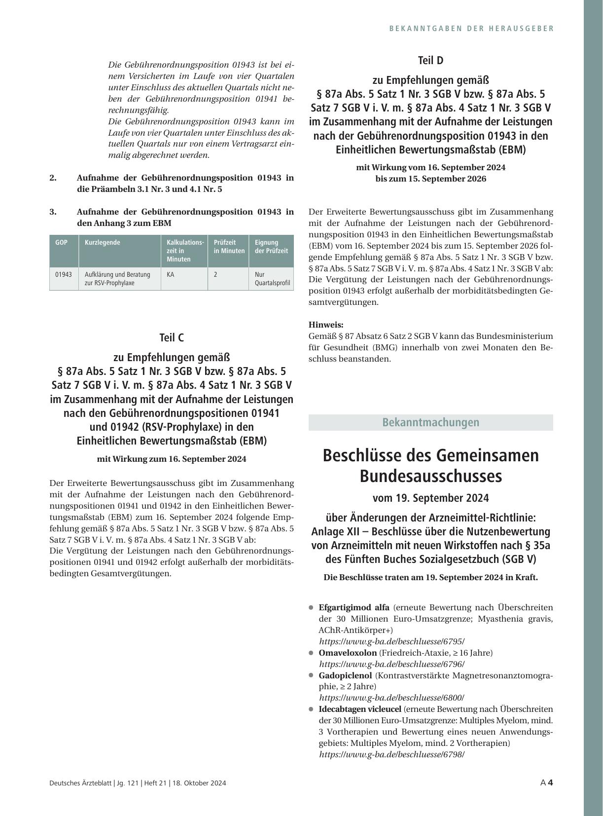 Vorschauseite 3: Nichtbeanstandung von Beschlüssen des ergänzten Bewertungsausschusses nach § 87 Abs. 5a SGB V