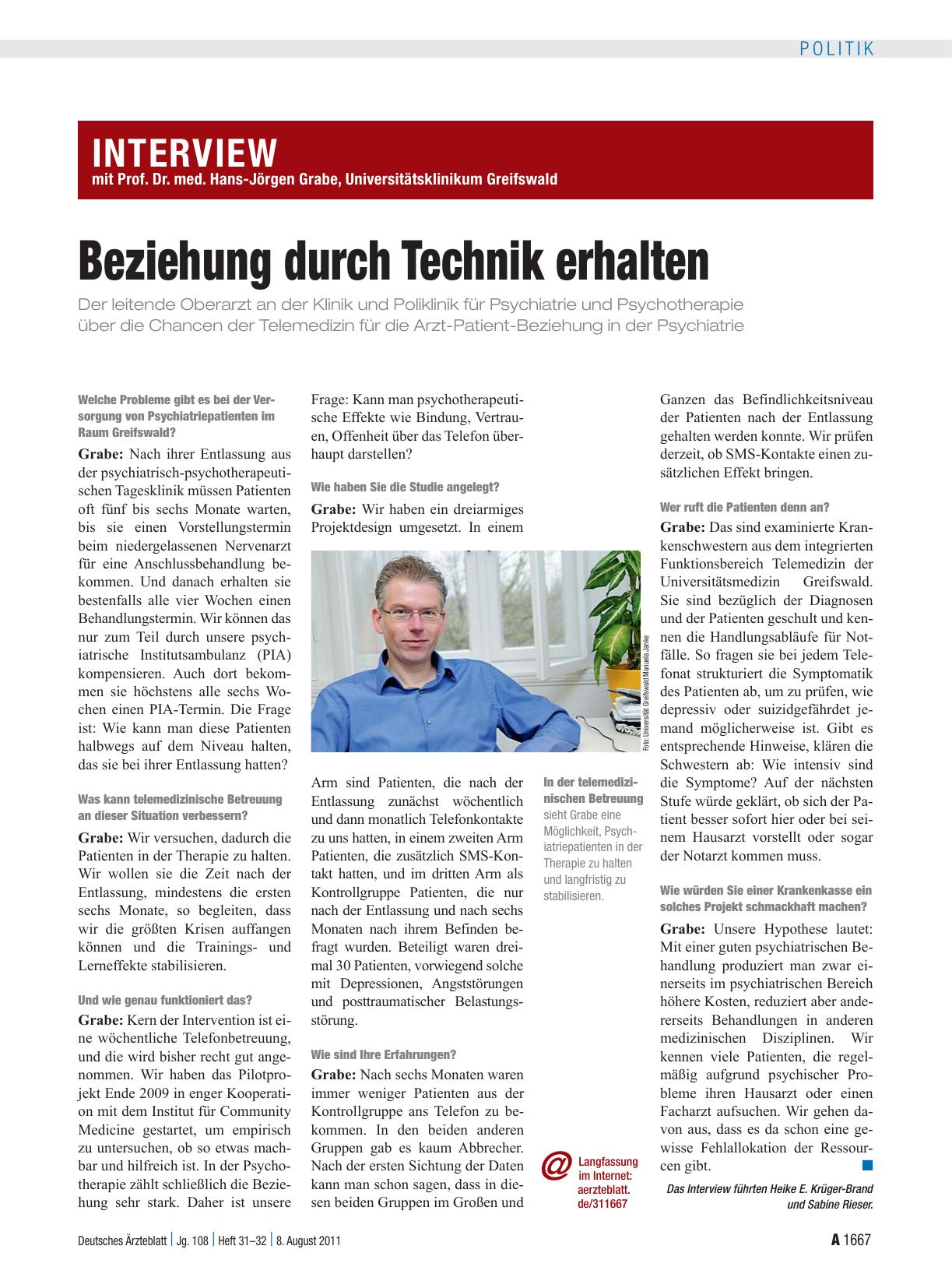 Vorschauseite 1: Interview mit Prof. Dr. med. Hans-Jörgen Grabe, Universitätsklinikum Greifswald: Beziehung durch Technik erhalten