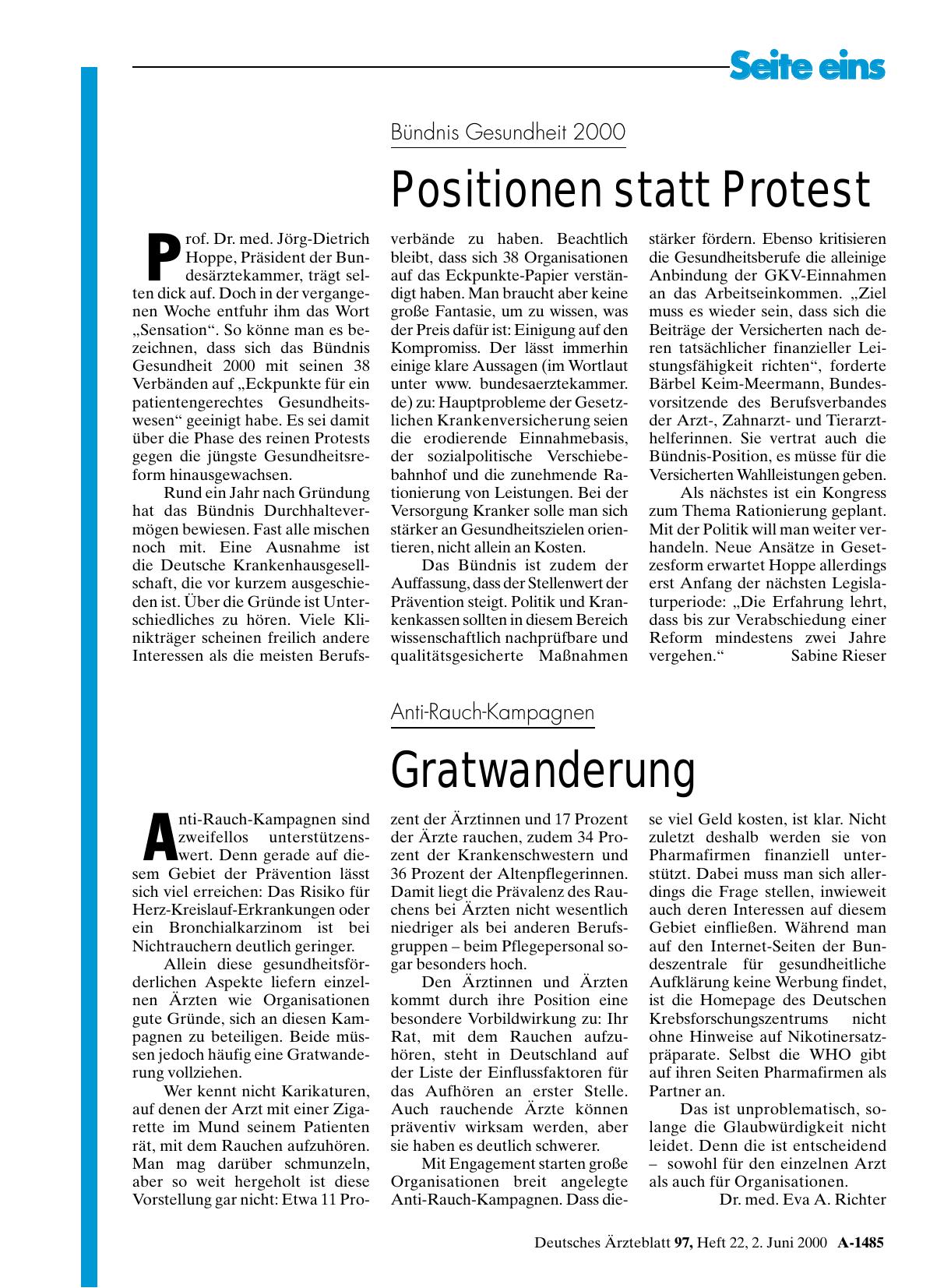 Vorschauseite 1: Bündnis Gesundheit 2000: Positionen statt Protest