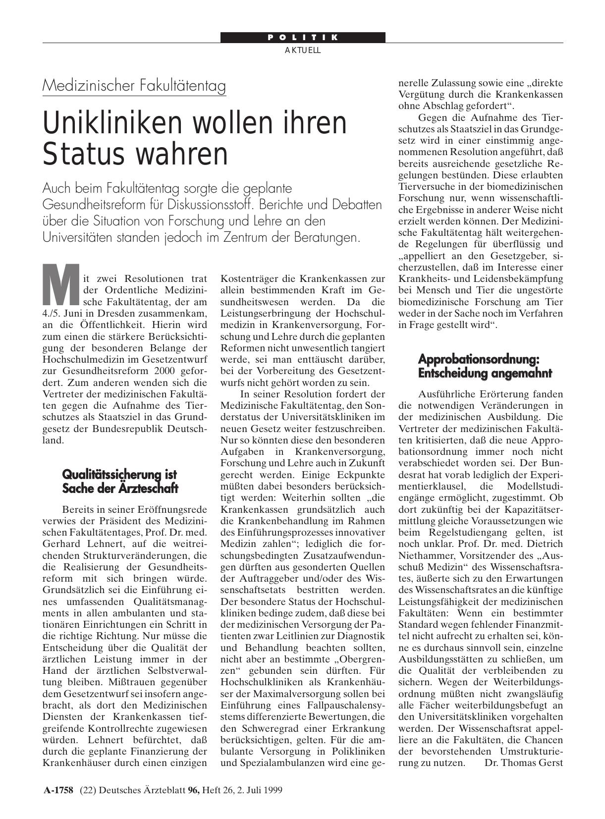 Vorschauseite 1: Medizinischer Fakultätentag: Unikliniken wollen ihren Status wahren