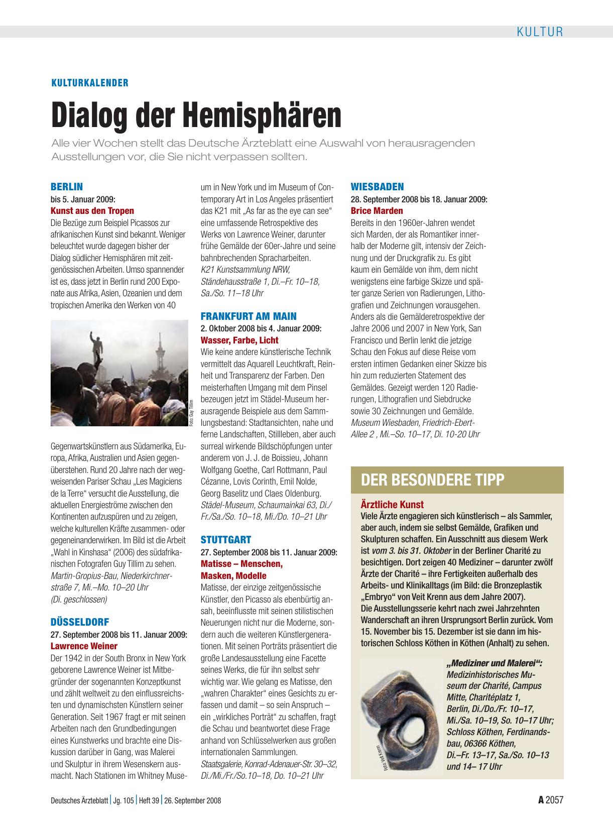 Vorschauseite 1: Kulturkalender: Dialog der Hemisphären