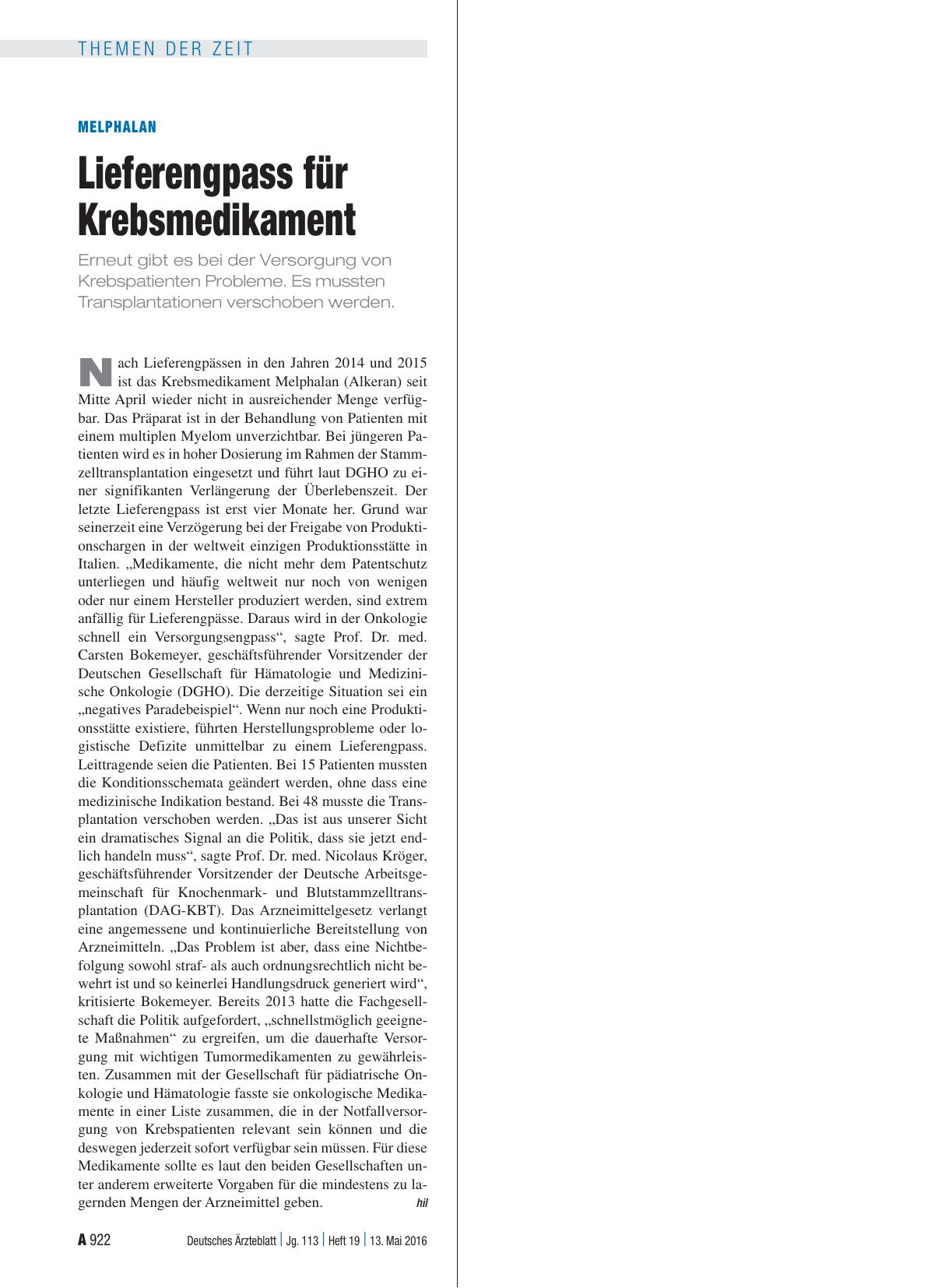Vorschauseite 1: Melphalan: Lieferengpass für Krebsmedikament