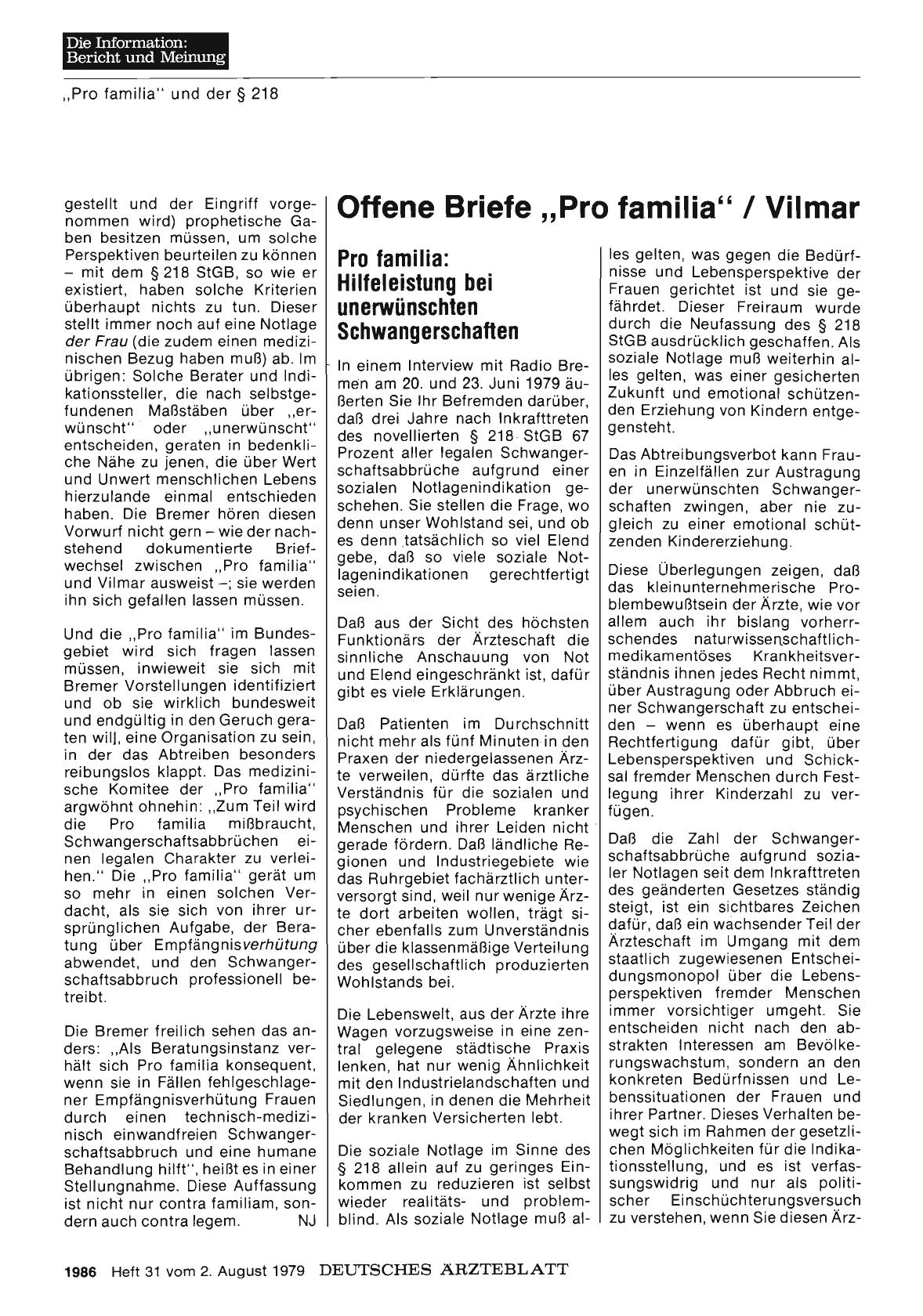 Vorschauseite 1: Offene Briefe „Pro familia“ / Vilmar