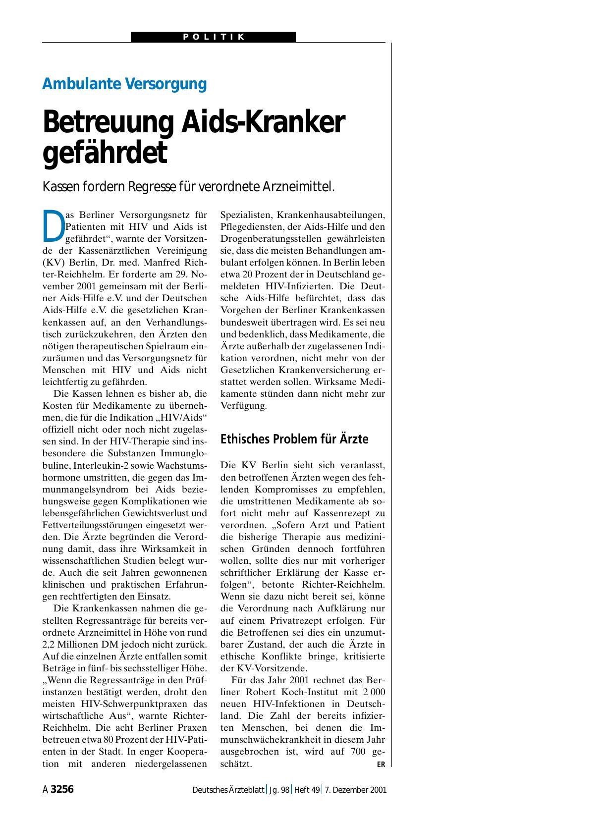 Vorschauseite 1: Ambulante Versorgung: Betreuung Aids-Kranker gefährdet