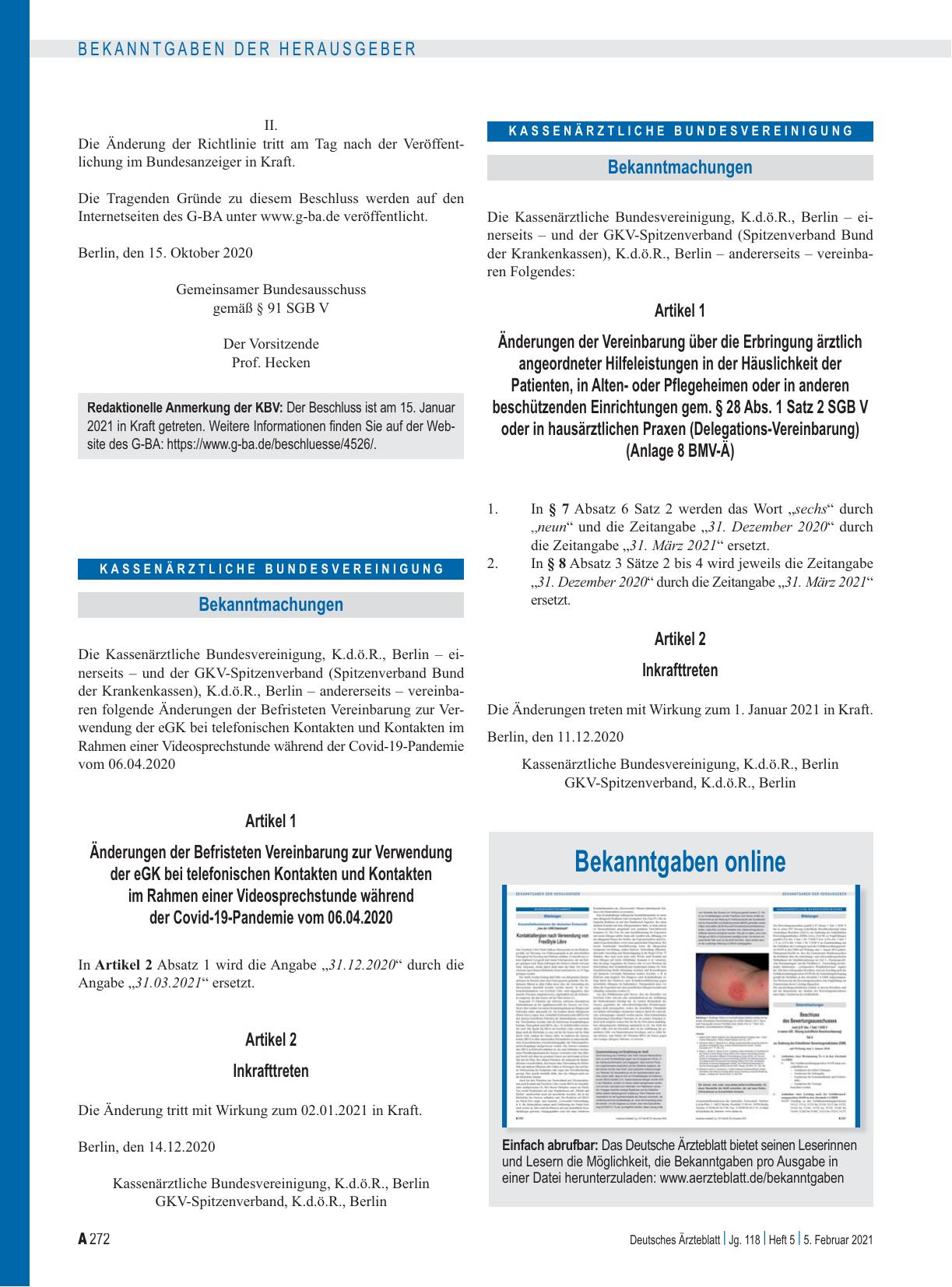 Vorschauseite 1: Änderungen der Vereinbarung über die Erbringung ärztlich angeordneter Hilfeleistungen in der Häuslichkeit der Patienten, in Altenoder Pflegeheimen oder in anderen beschützenden Ei…