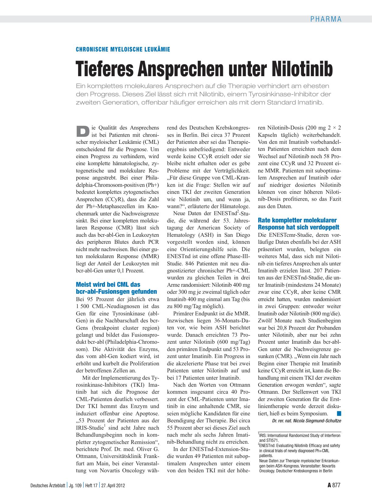Vorschauseite 1: Chronische myeloische Leukämie: Tieferes Ansprechen unter Nilotinib
