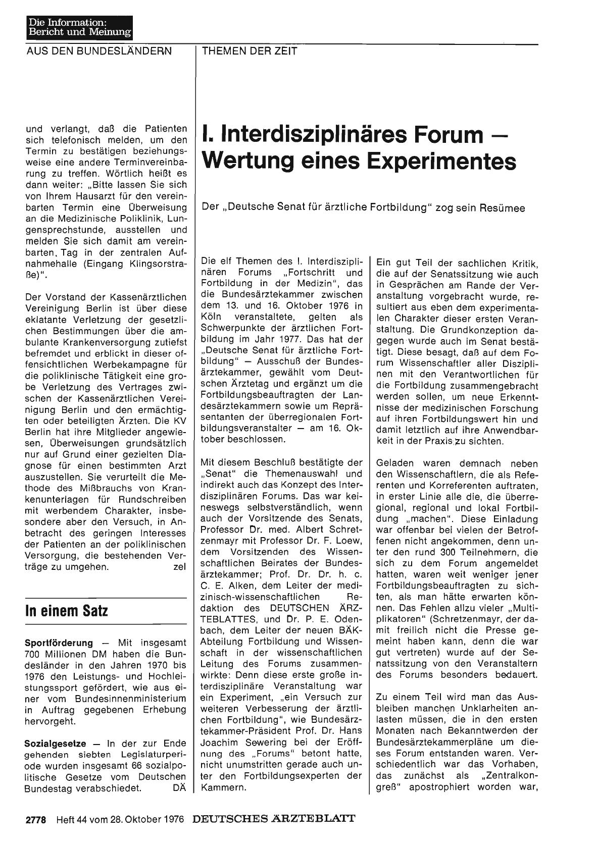 Vorschauseite 1: 1. Interdisziplinäres Forum Wertung eines Experimentes: Der „Deutsche Senat für ärztliche Fortbildung“ zog sein Resümee
