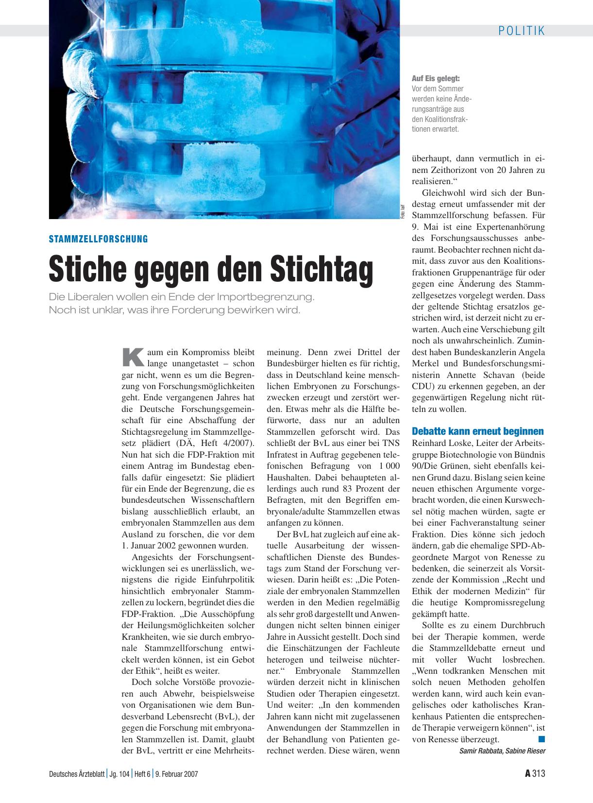 Vorschauseite 1: Stammzellforschung: Stiche gegen den Stichtag