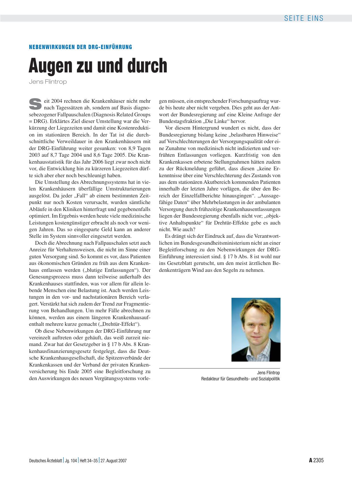 Vorschauseite 1: Nebenwirkungen der DRG-Einführung: Augen zu und durch