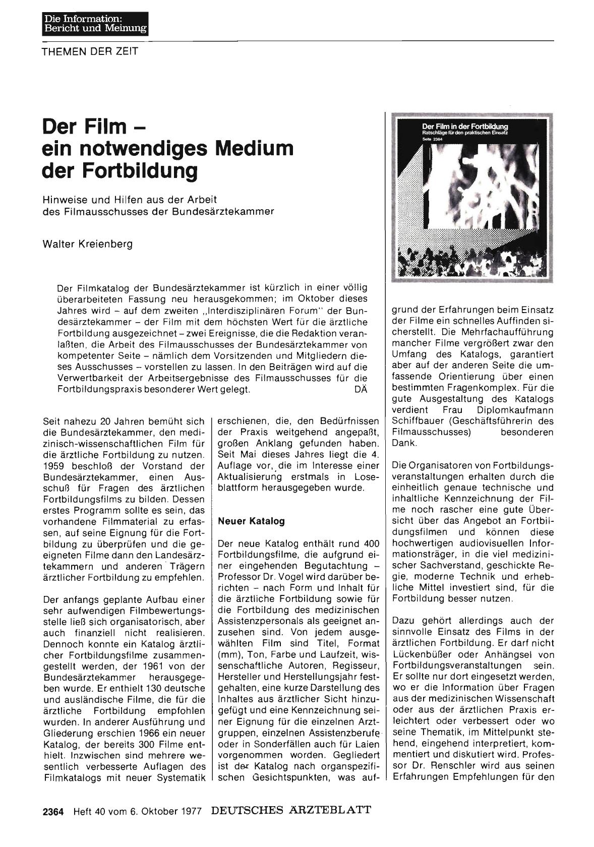 Vorschauseite 1: Der Film - ein notwendiges Medium der Fortbildung: Hinweise und Hilfen aus der Arbeit des Filmausschusses der Bundesärztekammer