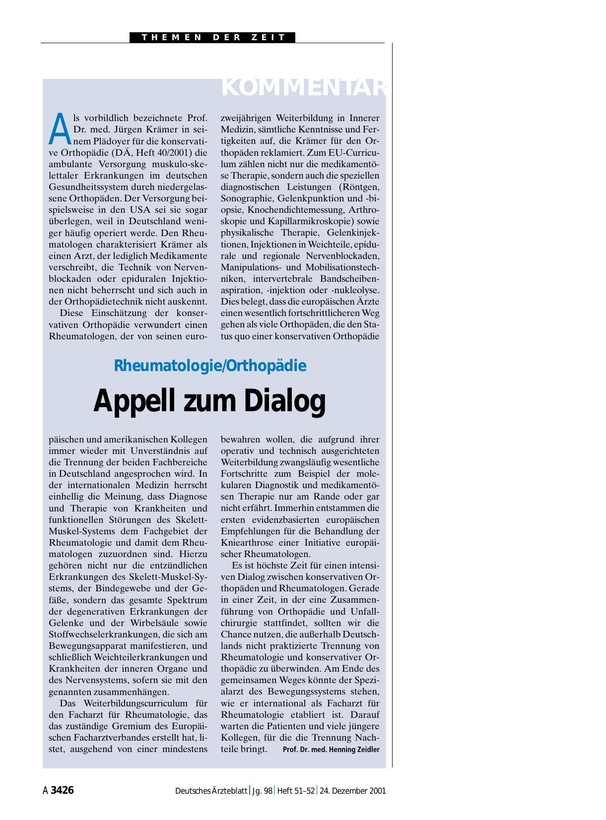 Vorschauseite 1: Rheumatologie/Orthopädie: Appell zum Dialog