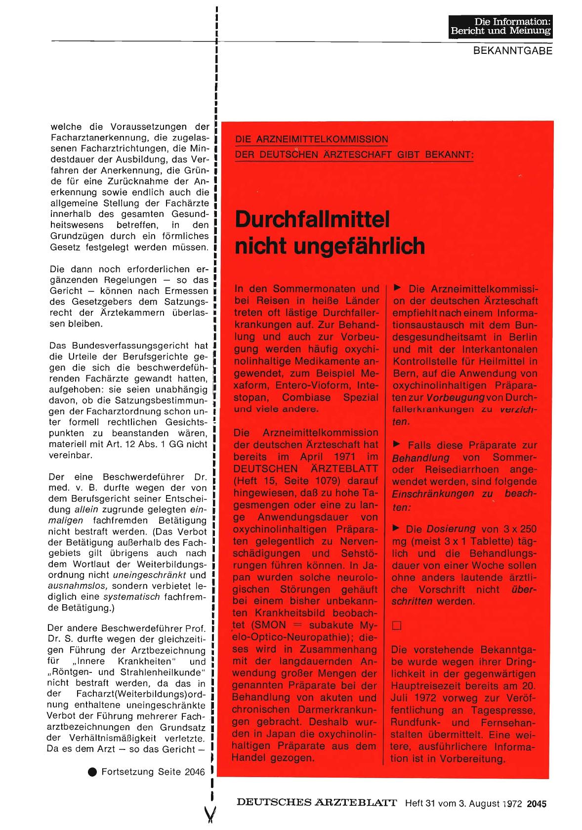Vorschauseite 1: Die Arzneimittelkommission der Deutschen Ärzteschaft gibt bekannt: Durchfallmittel nicht ungefährlich