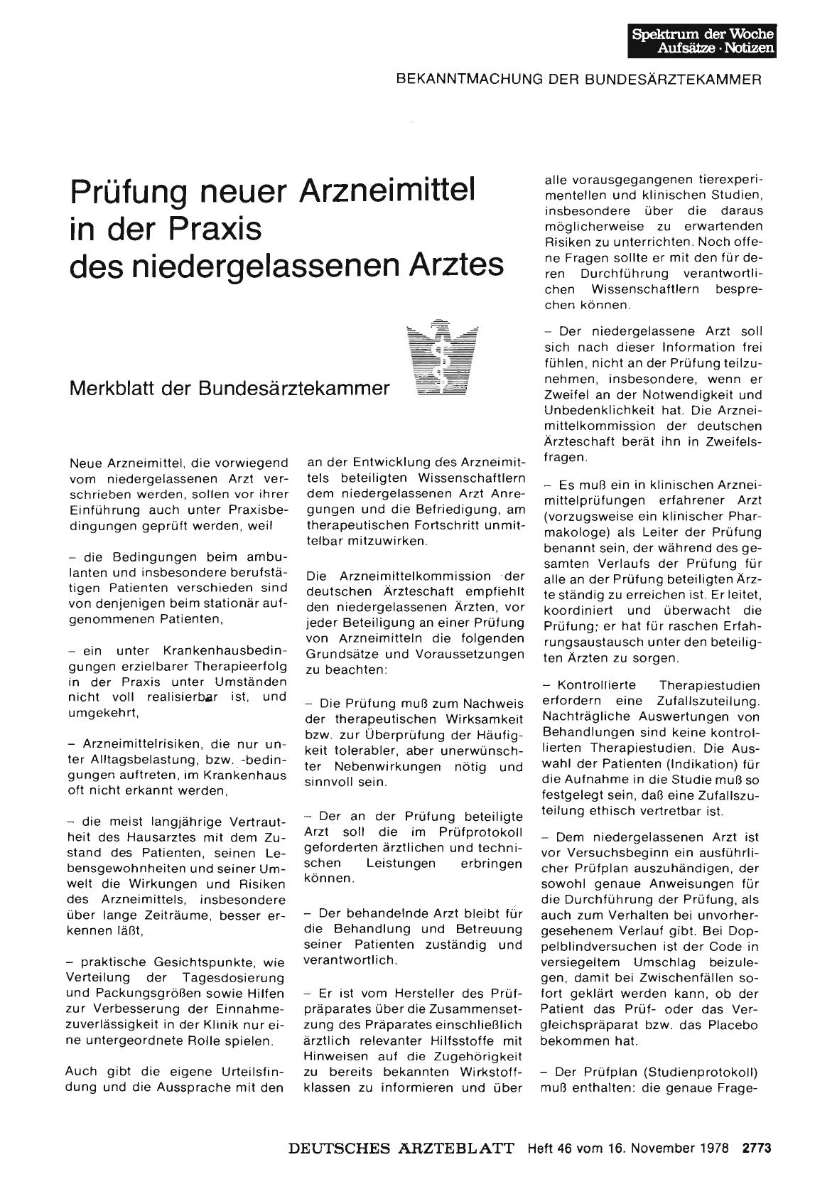 Vorschauseite 1: Prüfung neuer Arzneimittel in der Praxis des niedergelassenen Arztes: Merkblatt der Bundesärztekammer