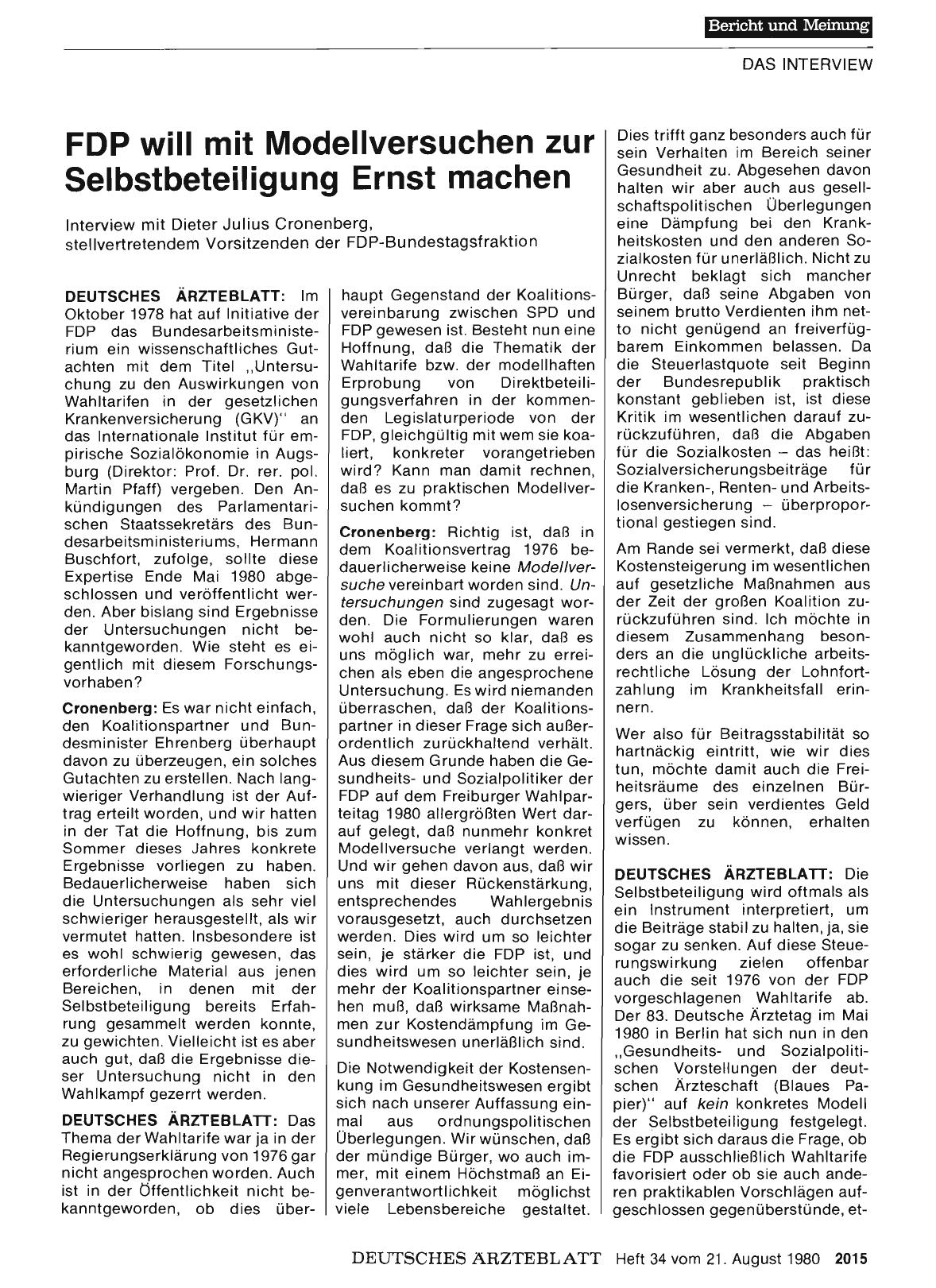 Vorschauseite 1: FDP will mit Modellversuchen zur Selbstbeteiligung Ernst machen: Interview mit Dieter Julius Cronenberg, stellvertretendem Vorsitzenden der FDP-Bundestagsfraktion