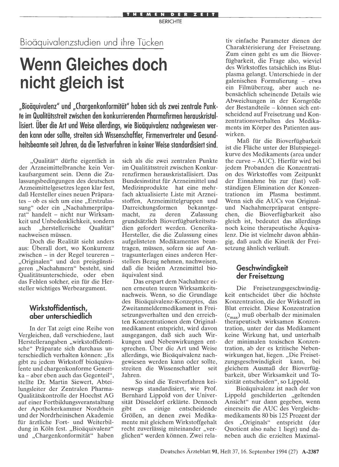 Vorschauseite 1: Bioäquivalenzstudien und ihre Tücken: Wenn Gleiches doch nicht gleich ist