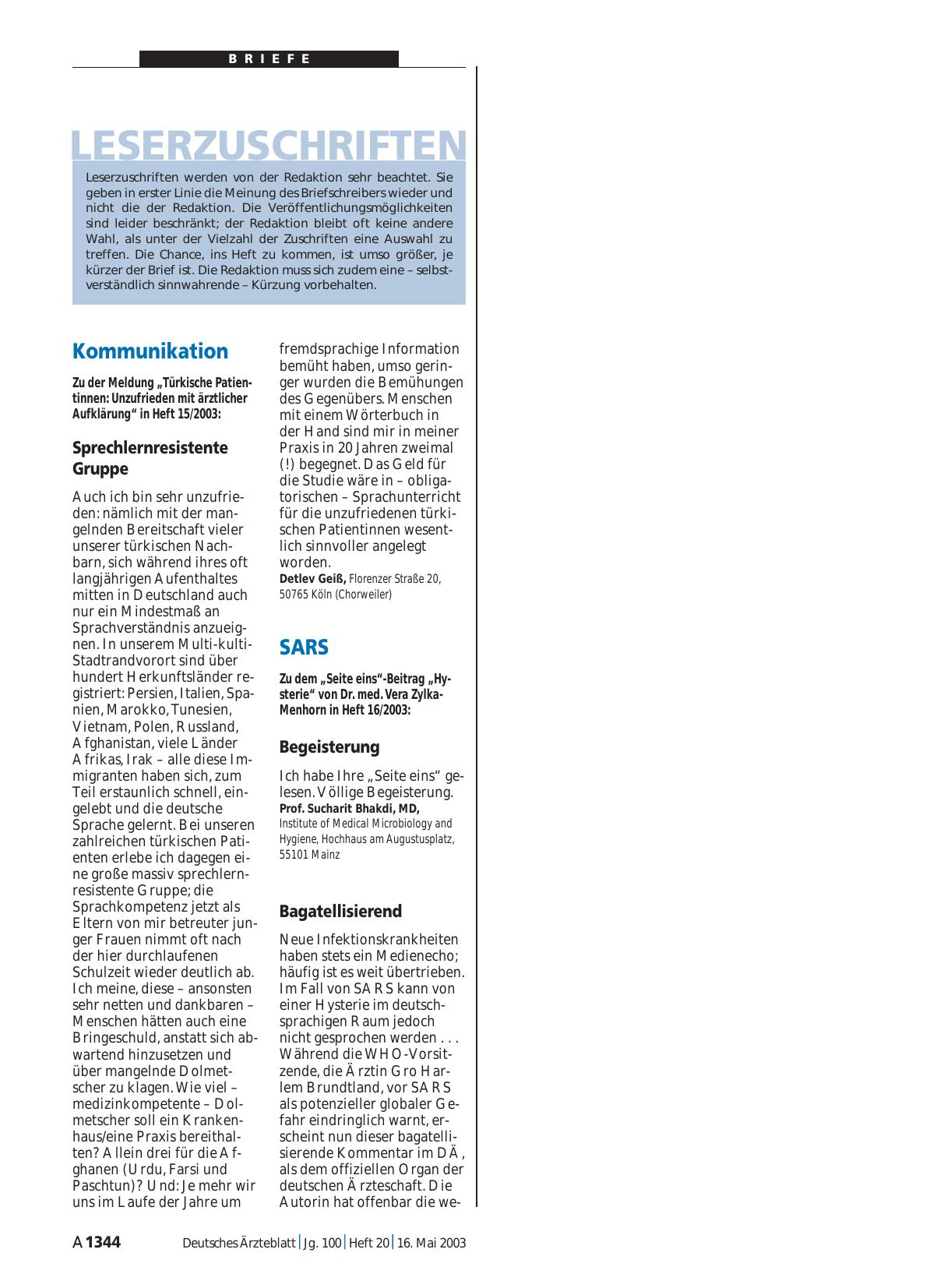 Vorschauseite 1: SARS: Bagatellisierend