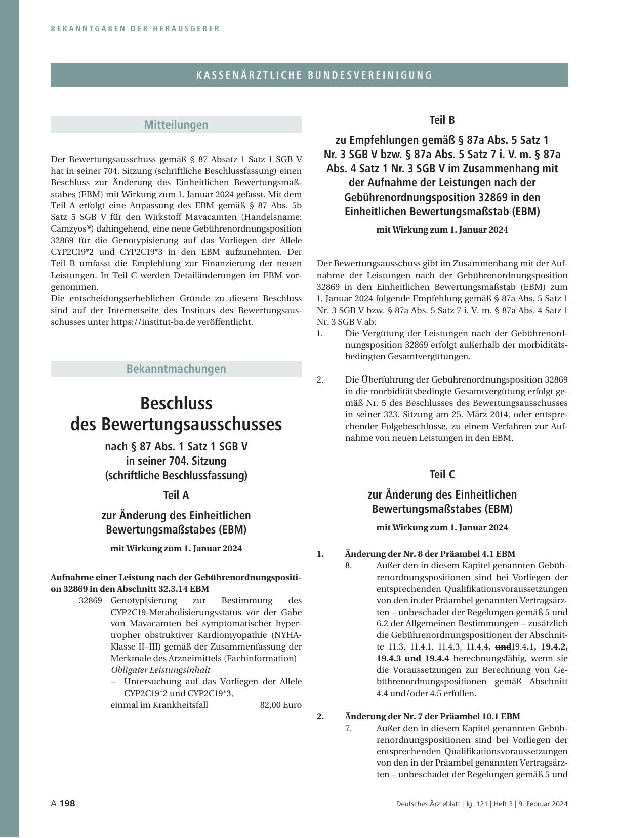 Vorschauseite 1: Beschluss des Bewertungsausschusses nach § 87 Abs. 1 Satz 1 SGB V in seiner 704. Sitzung (schriftliche Beschlussfassung)