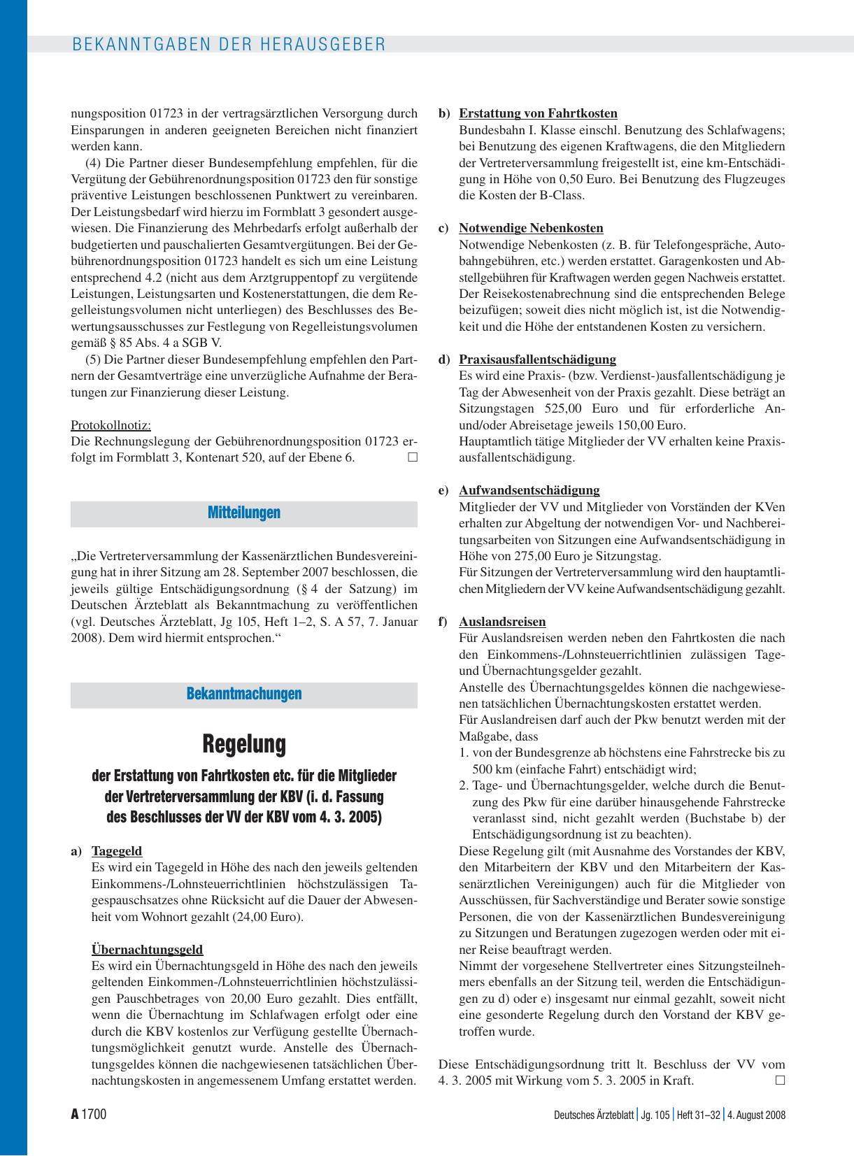 Vorschauseite 1: Regelung der Erstattung von Fahrtkosten etc. für die Mitglieder der Vertreterversammlung der KBV (i. d. Fassung des Beschlusses der VV der KBV vom 4. 3. 2005)